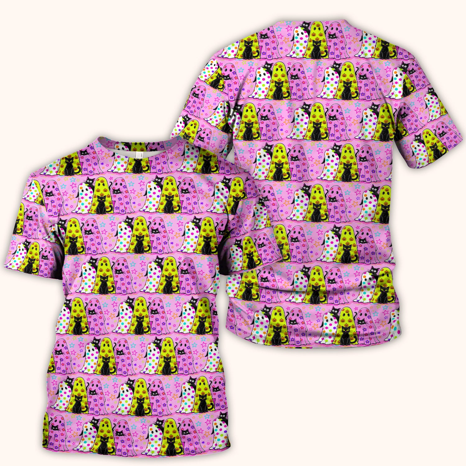 Spooky Halloween Ghost Cat Print Scrub Top, Comfortable Scrubs for Nurses