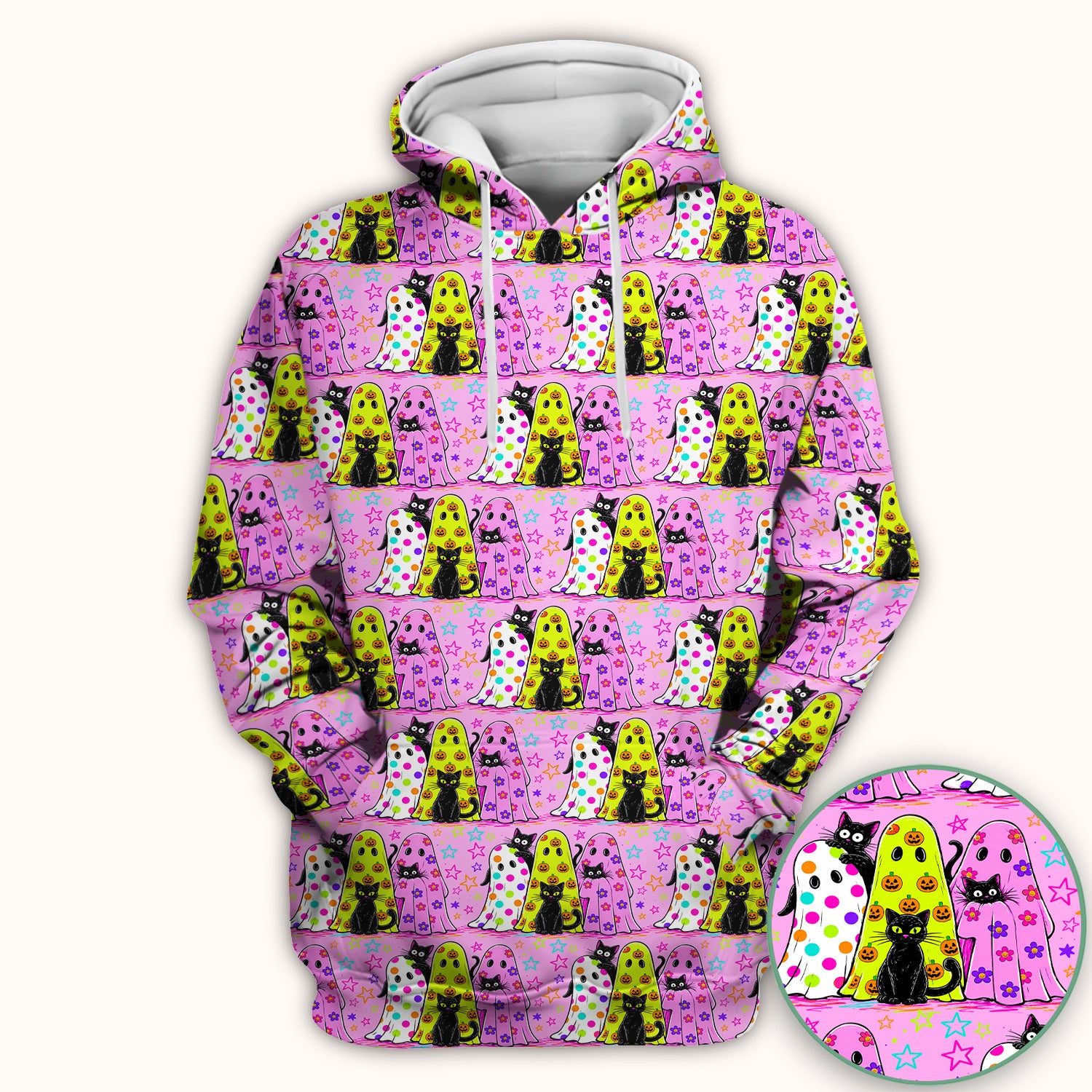 Spooky Halloween Ghost Cat Print Scrub Top, Comfortable Scrubs for Nurses