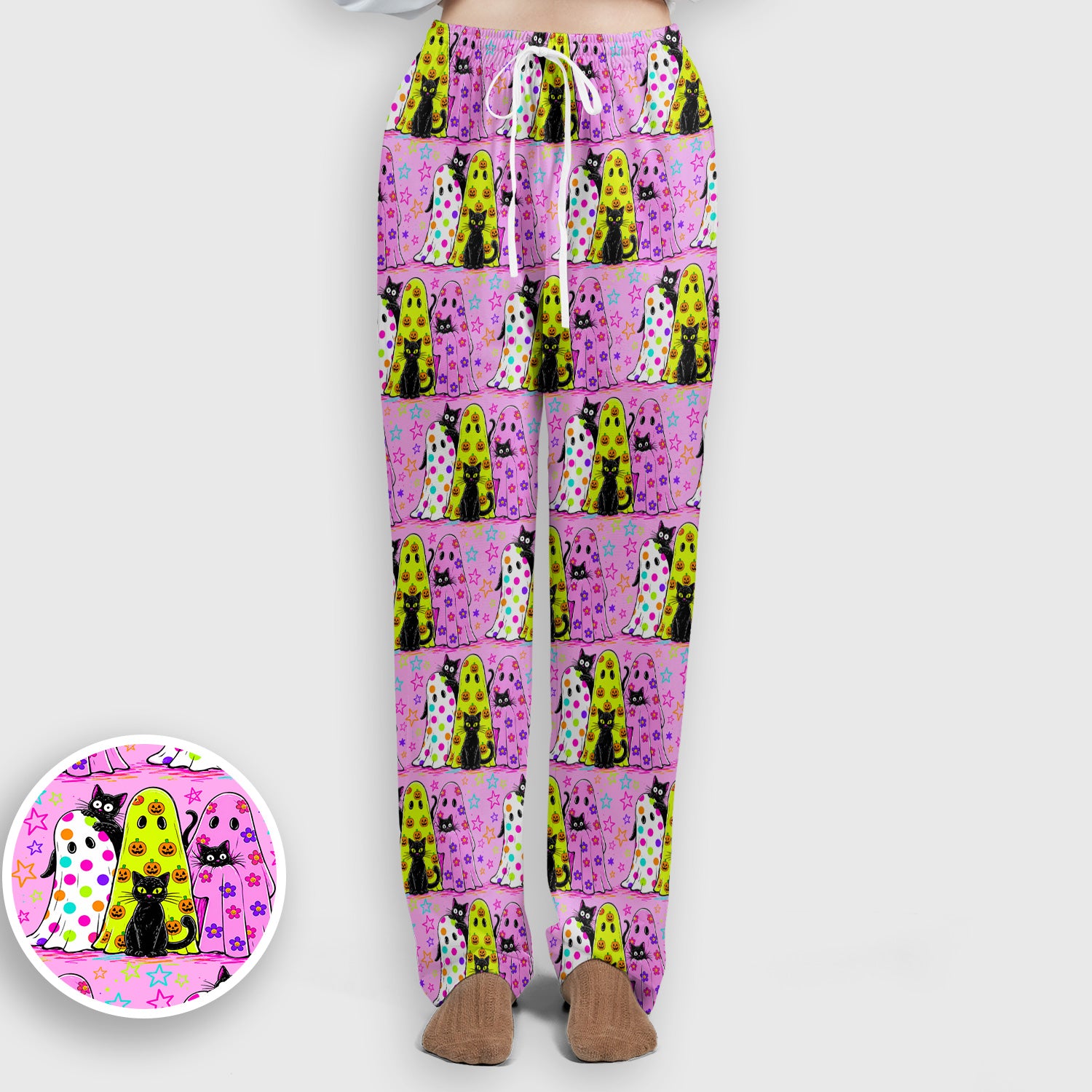 Spooky Halloween Ghost Cat Print Scrub Set, Scrub Pants and V Neck Top