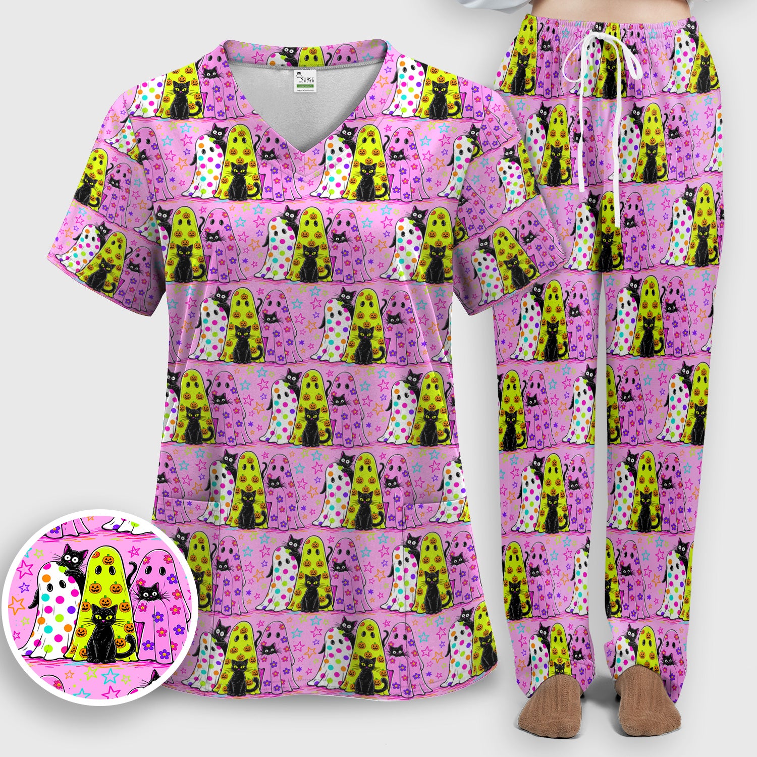 Spooky Halloween Ghost Cat Print Scrub Set, Scrub Pants and V Neck Top