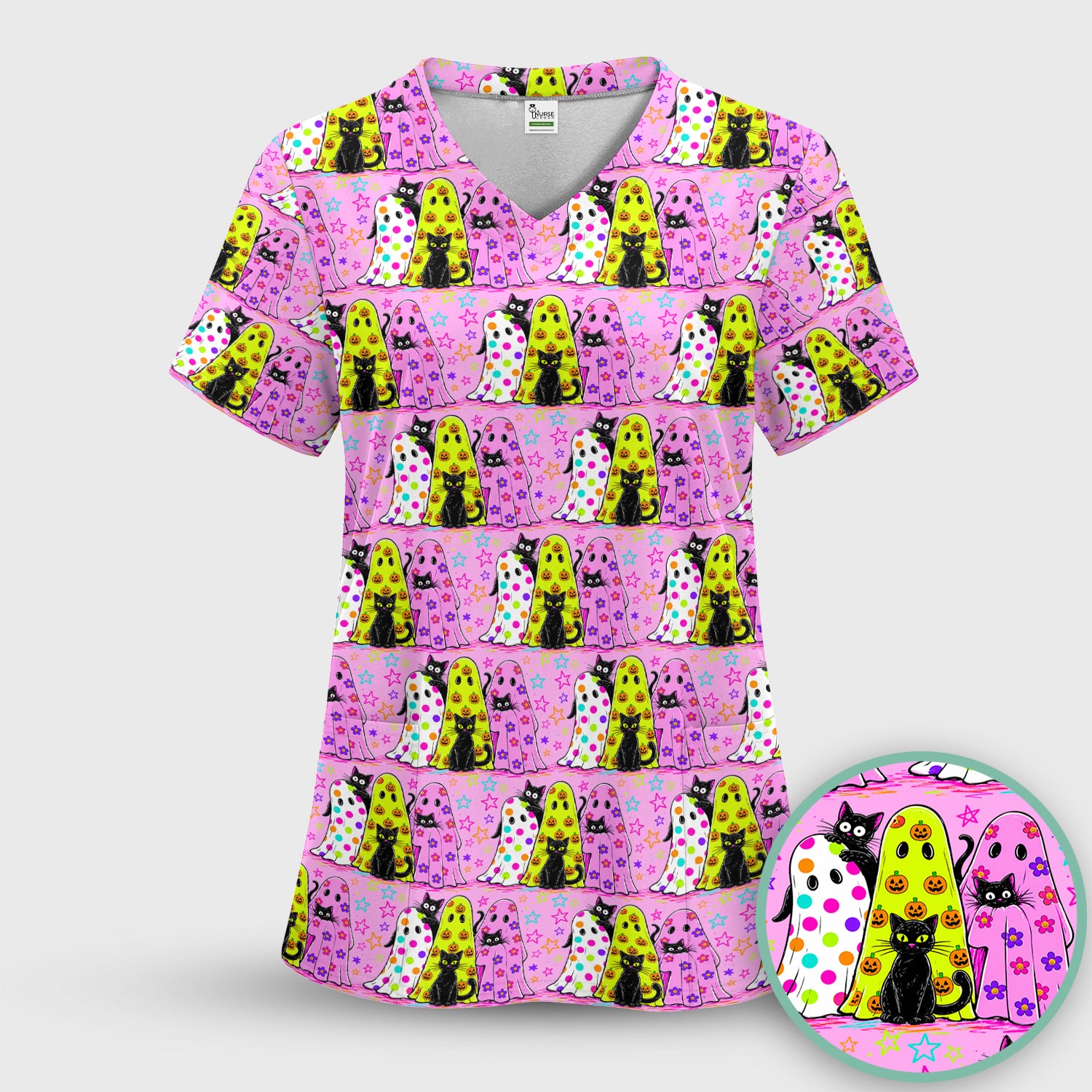 Spooky Halloween Ghost Cat Print Scrub Set, Scrub Pants and V Neck Top