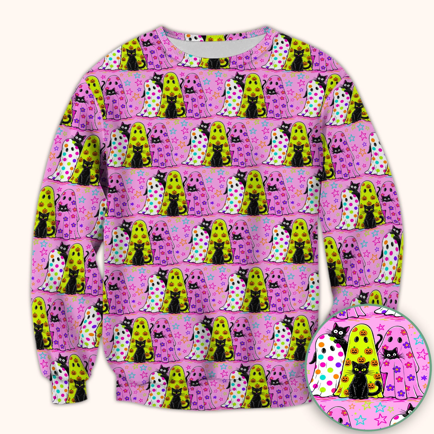 Spooky Halloween Ghost Cat Print Scrub Top, Comfortable Scrubs for Nurses
