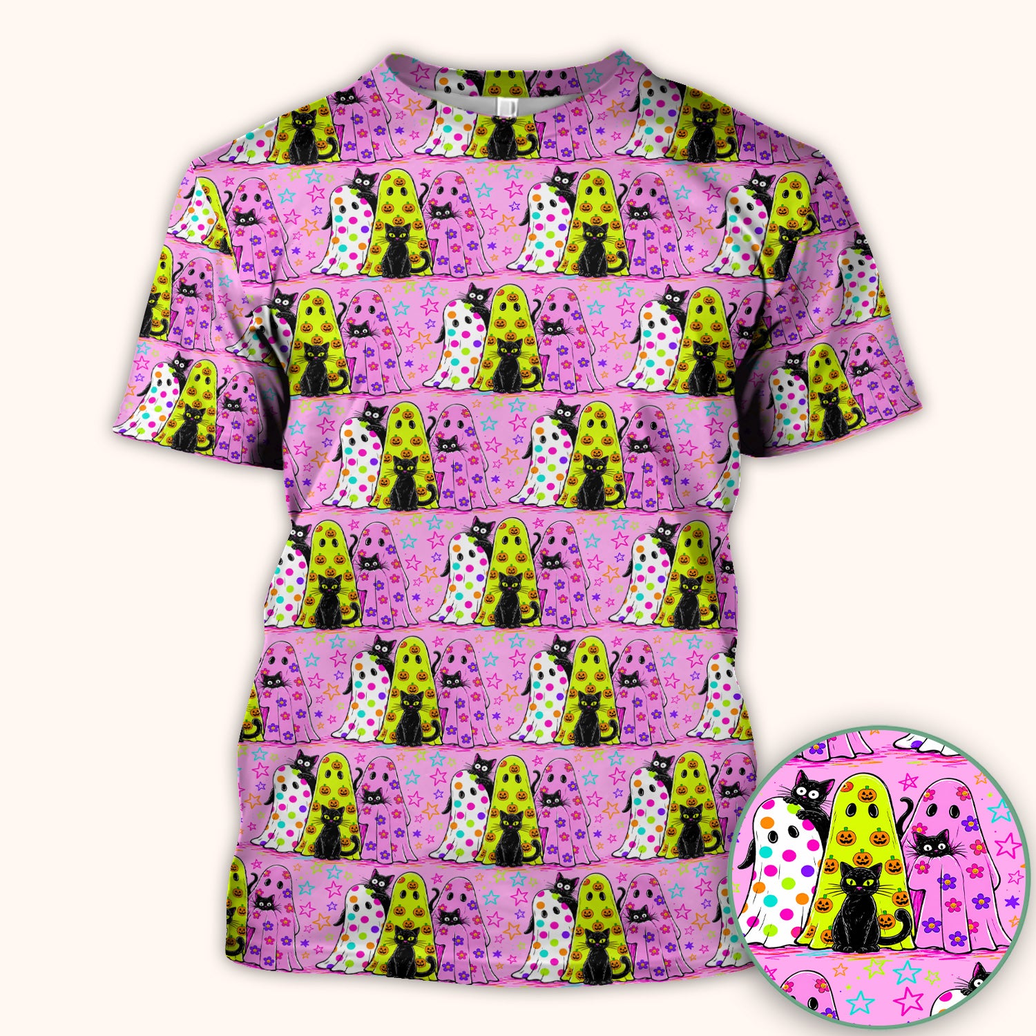 Spooky Halloween Ghost Cat Print Scrub Top, Comfortable Scrubs for Nurses