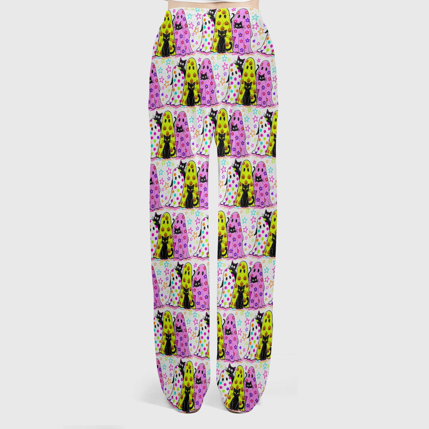 Spooky Halloween Ghost Cat Print Scrub Set, Scrub Pants and V Neck Top