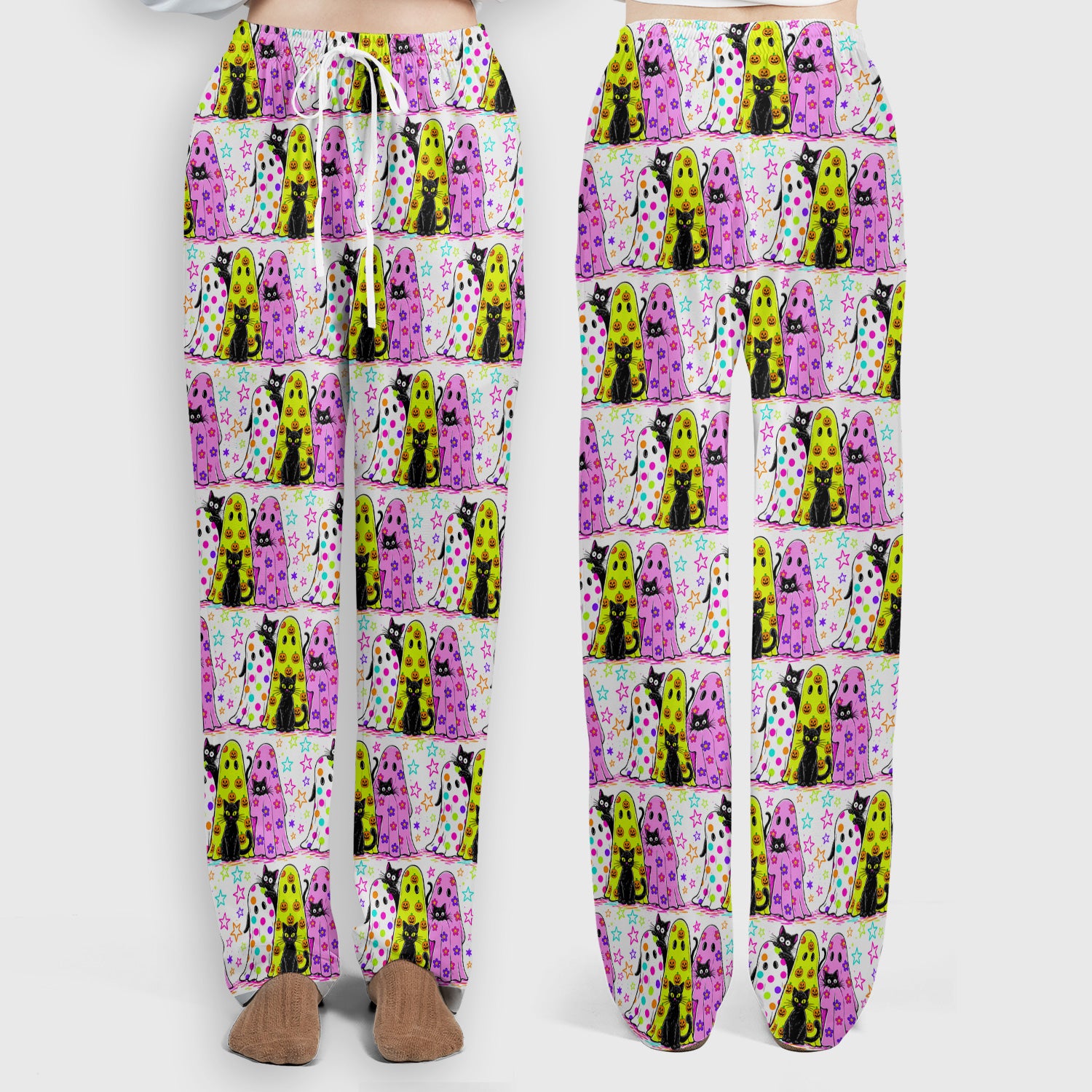 Spooky Halloween Ghost Cat Print Scrub Set, Scrub Pants and V Neck Top