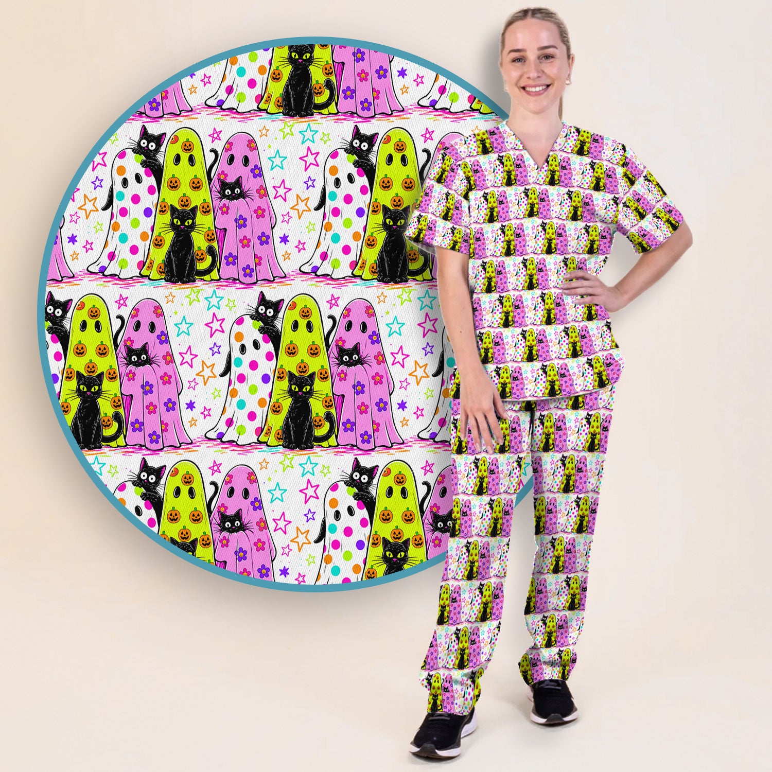 Spooky Halloween Ghost Cat Print Scrub Set, Scrub Pants and V Neck Top