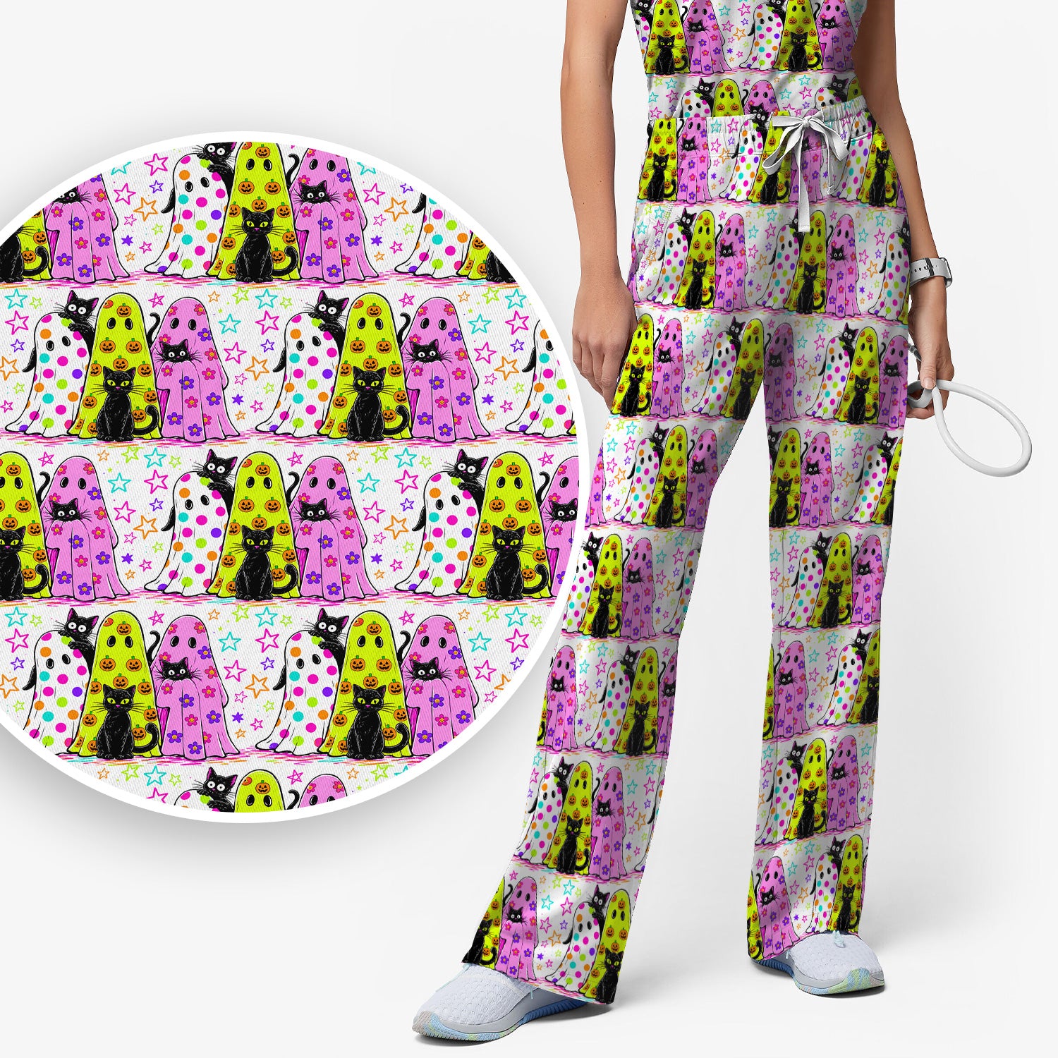 Spooky Halloween Ghost Cat Print Scrub Set, Scrub Pants and V Neck Top