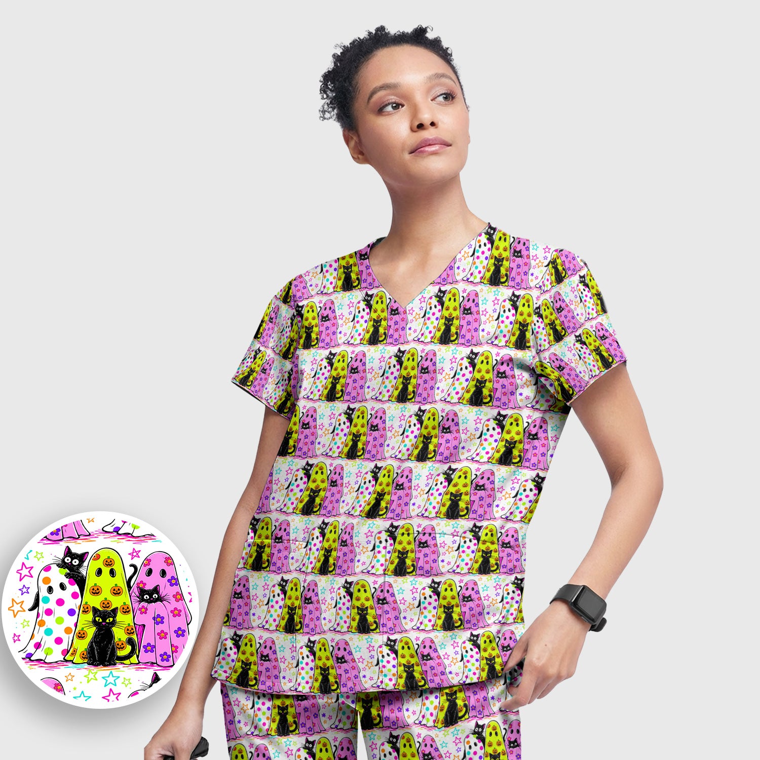 Spooky Halloween Ghost Cat Print Scrub Set, Scrub Pants and V Neck Top