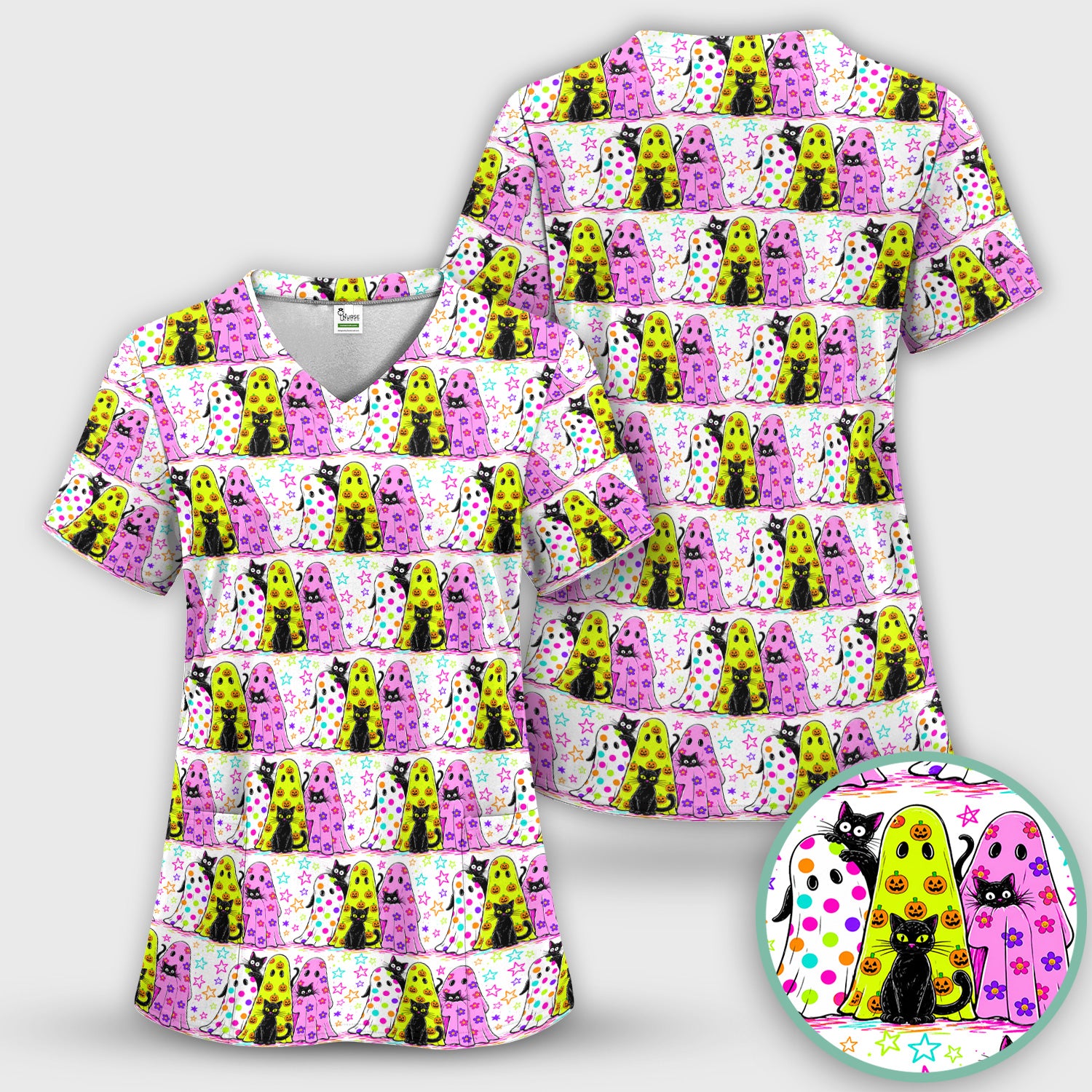Spooky Halloween Ghost Cat Print Scrub Set, Scrub Pants and V Neck Top