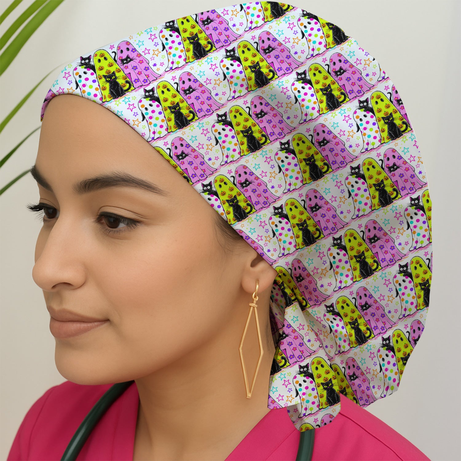 Spooky Halloween Ghost Cat Print Scrub Cap, Surgical Caps for Doctors