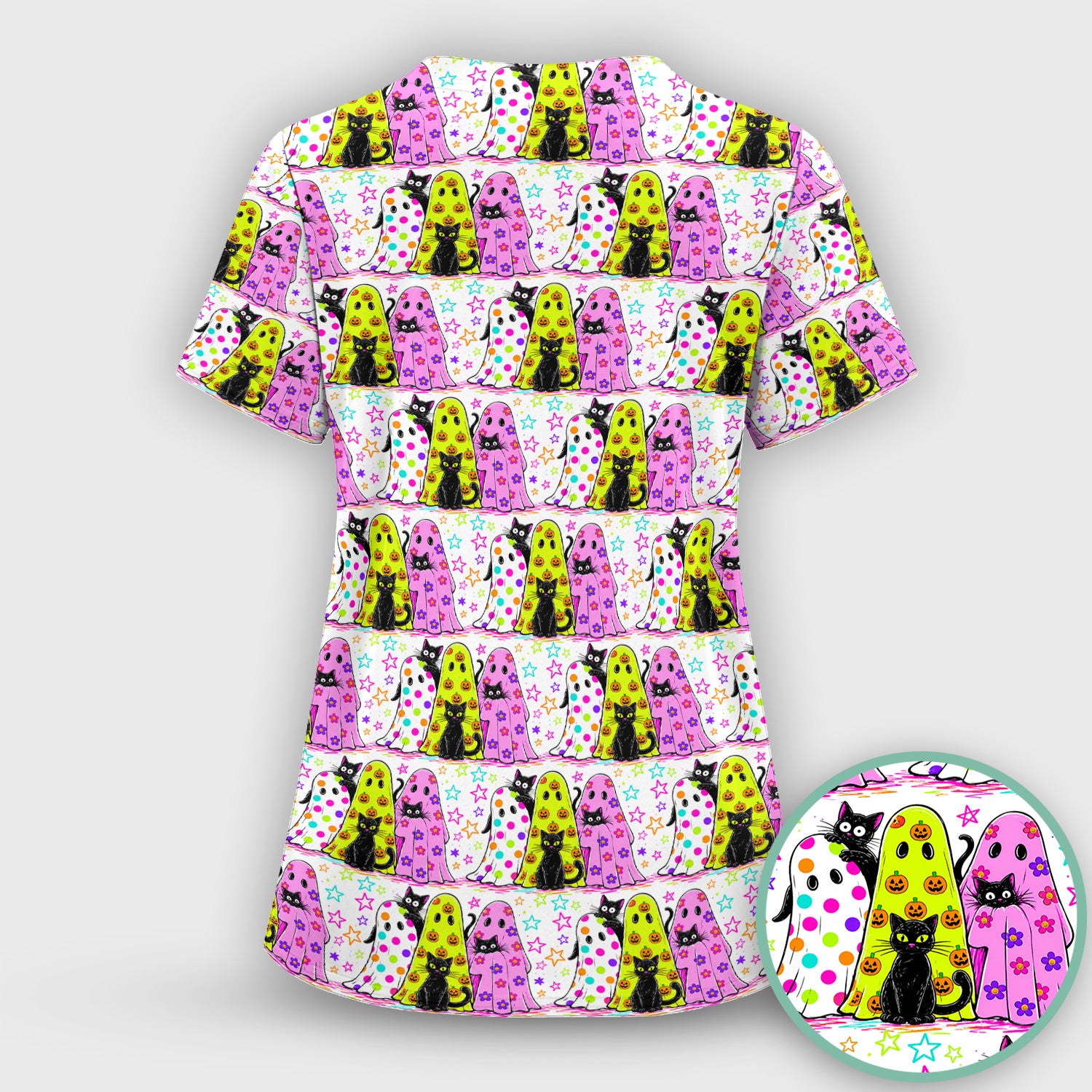 Spooky Halloween Ghost Cat Print Scrub Set, Scrub Pants and V Neck Top