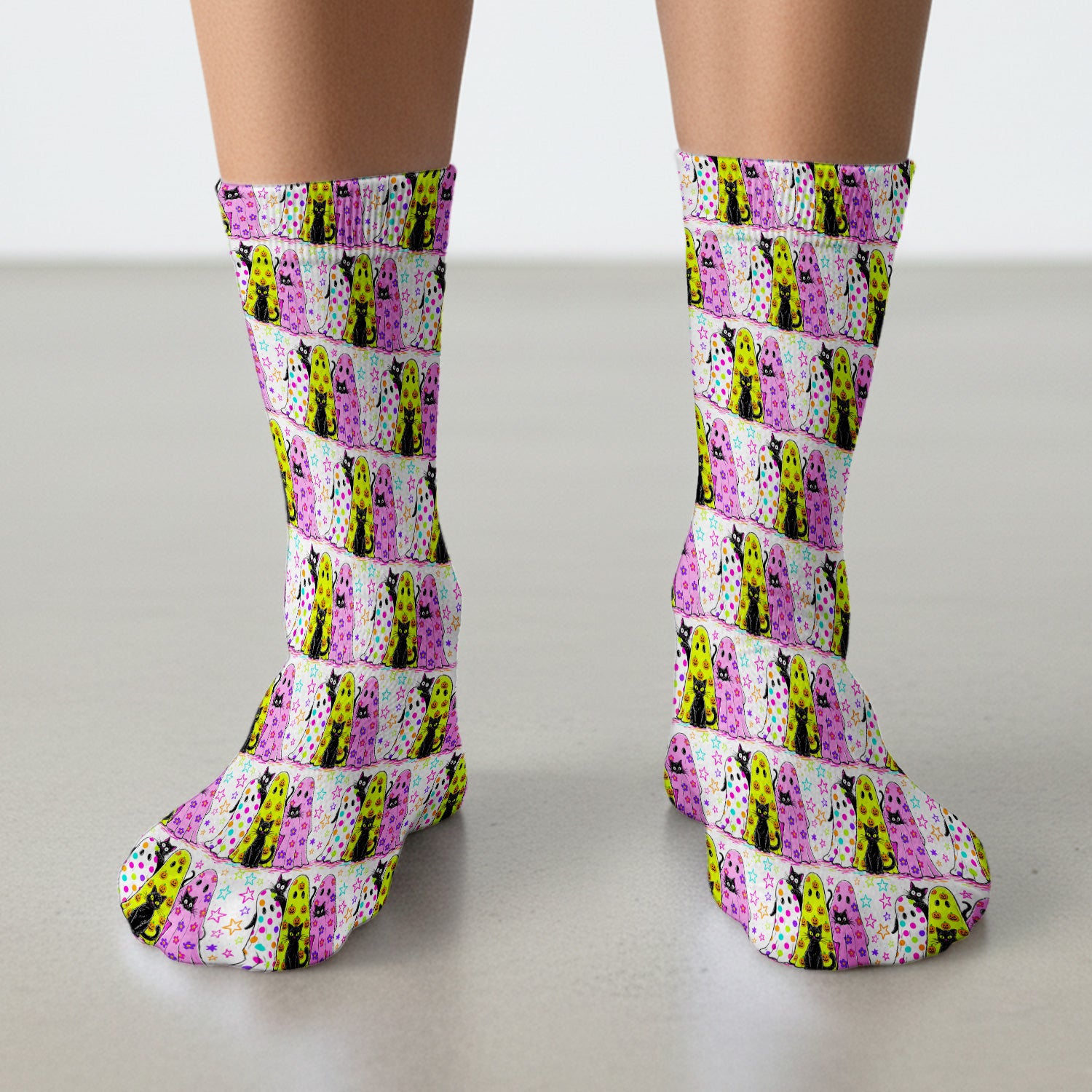 Spooky Halloween Ghost Cat Print Socks, Adult Socks for Men and Women