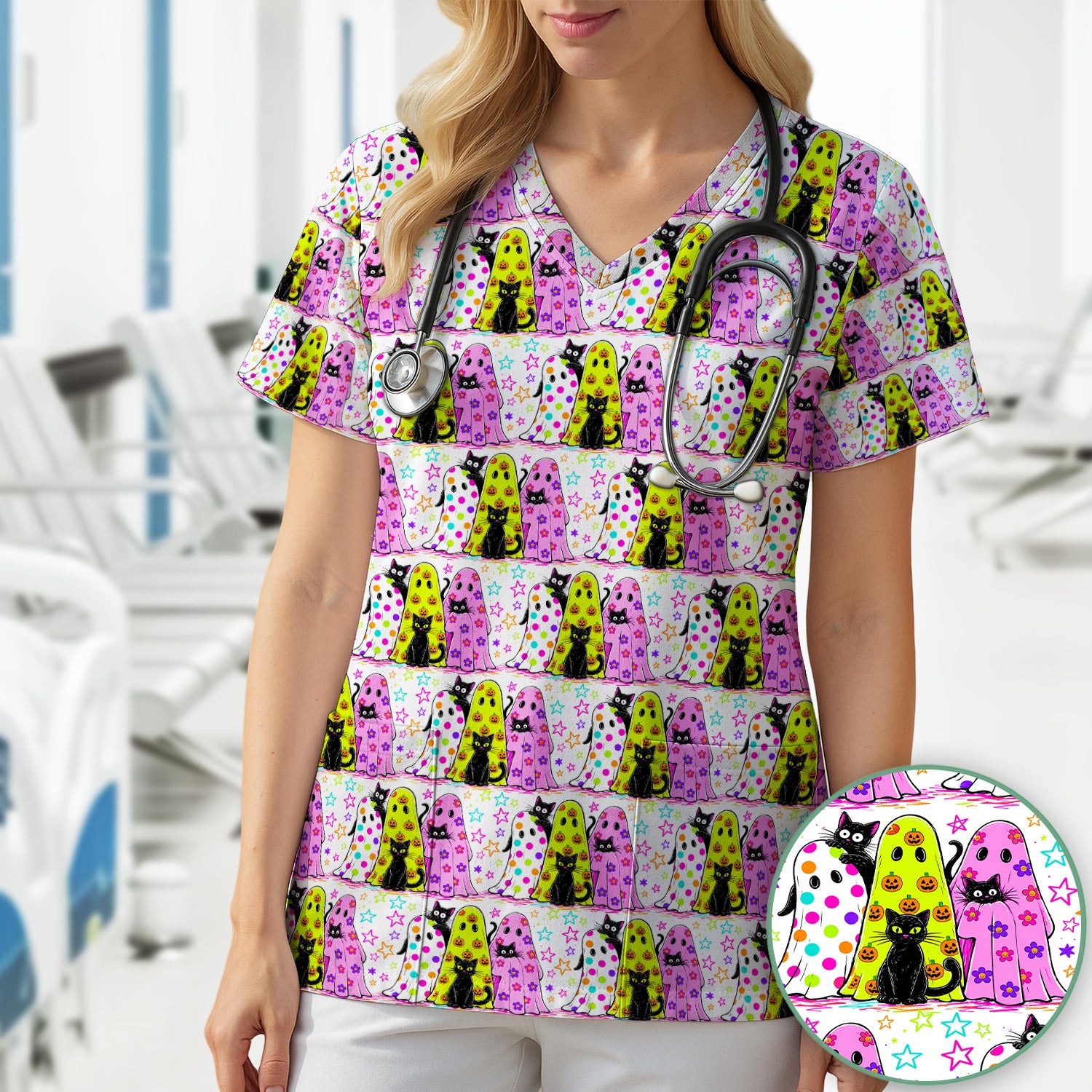Spooky Halloween Ghost Cat Print Scrub Top, Comfortable Scrubs for Nurses