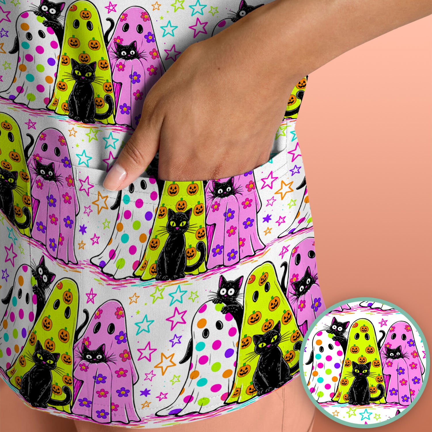 Spooky Halloween Ghost Cat Print Scrub Top, Comfortable Scrubs for Nurses