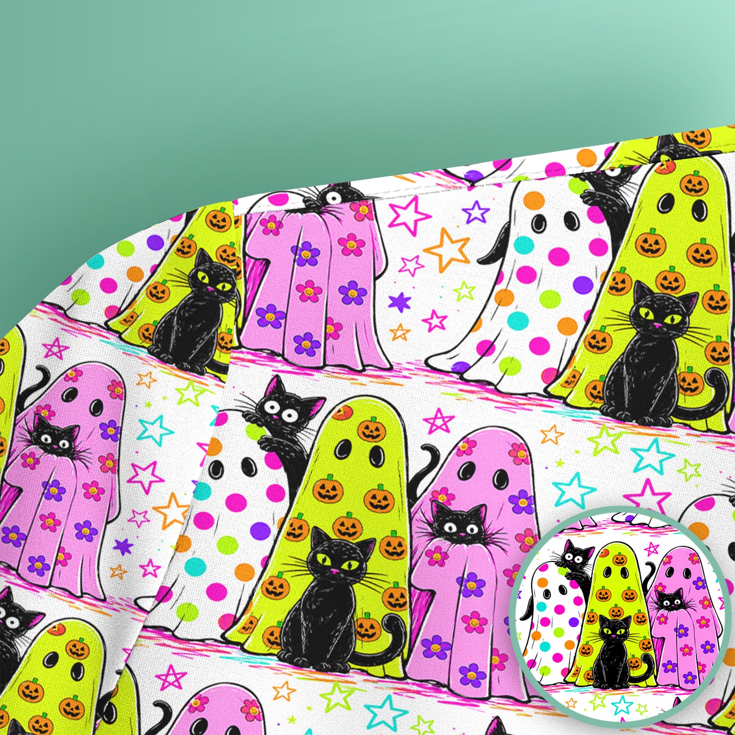 Spooky Halloween Ghost Cat Print Scrub Top, Comfortable Scrubs for Nurses