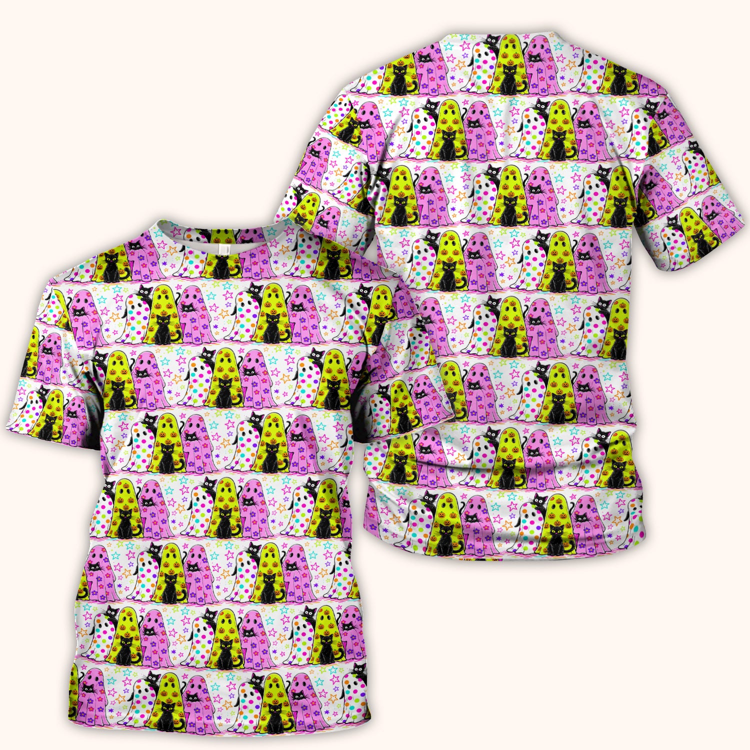 Spooky Halloween Ghost Cat Print Scrub Top, Comfortable Scrubs for Nurses