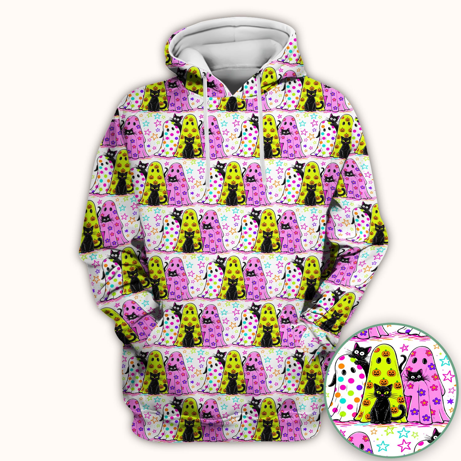 Spooky Halloween Ghost Cat Print Scrub Top, Comfortable Scrubs for Nurses