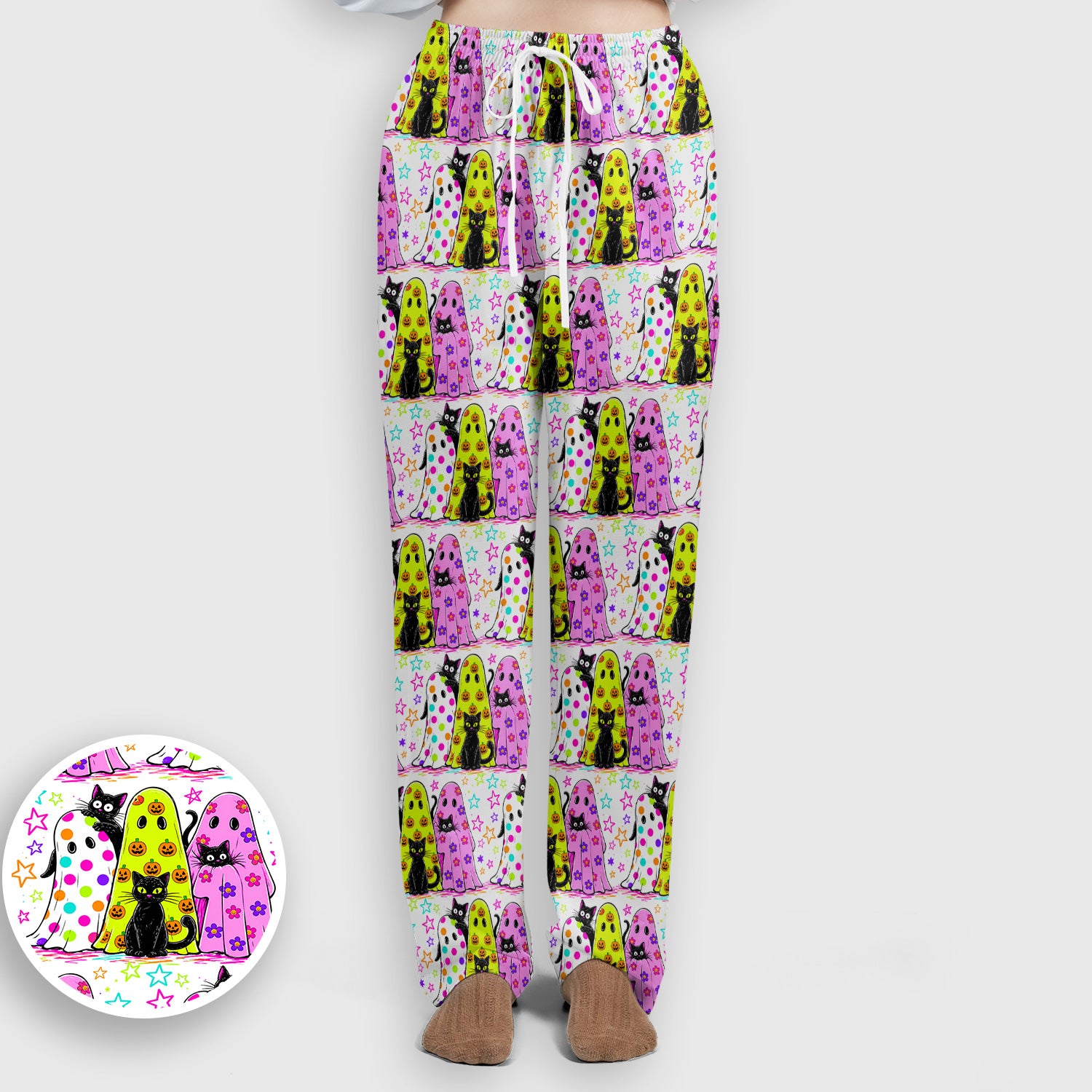 Spooky Halloween Ghost Cat Print Scrub Set, Scrub Pants and V Neck Top