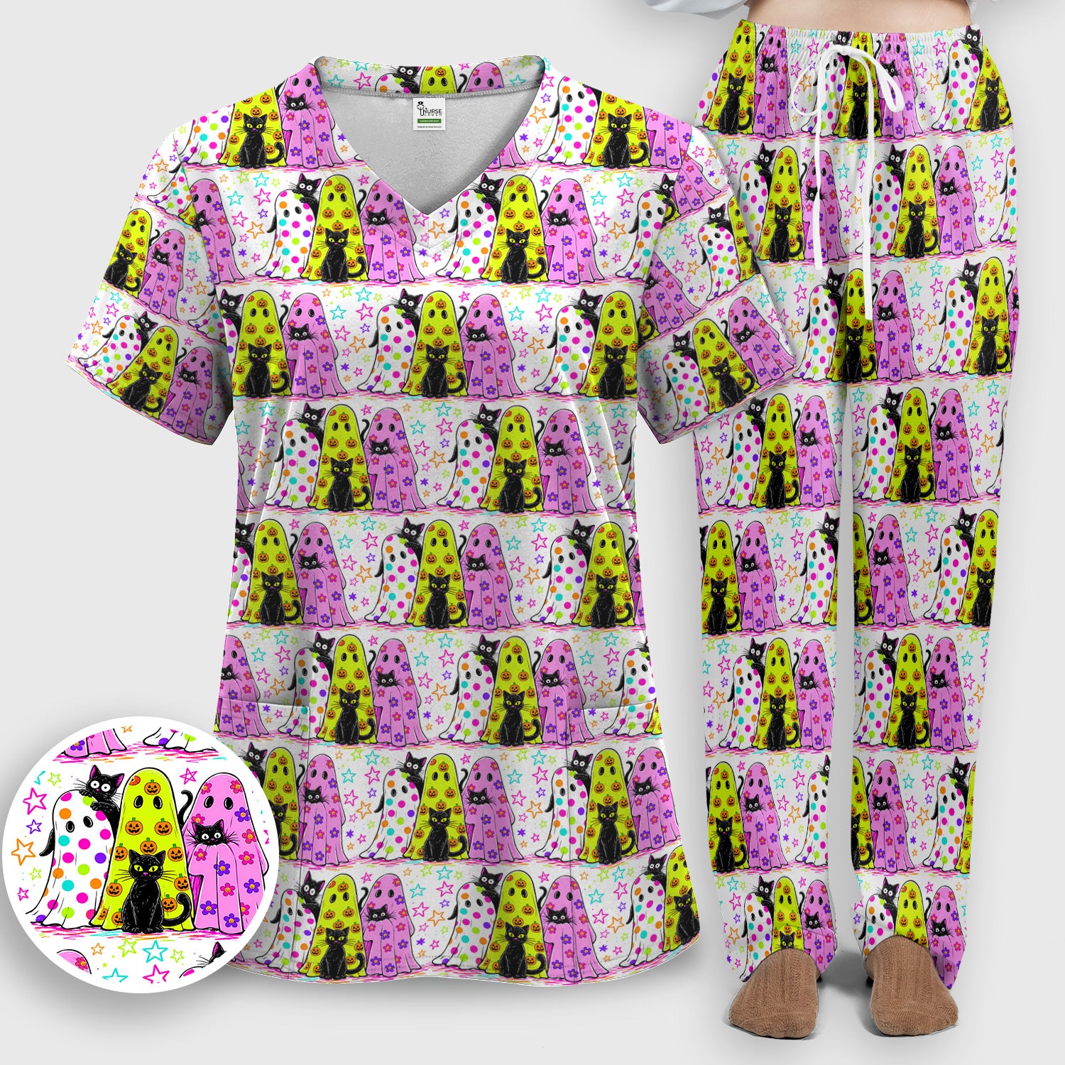 Spooky Halloween Ghost Cat Print Scrub Set, Scrub Pants and V Neck Top