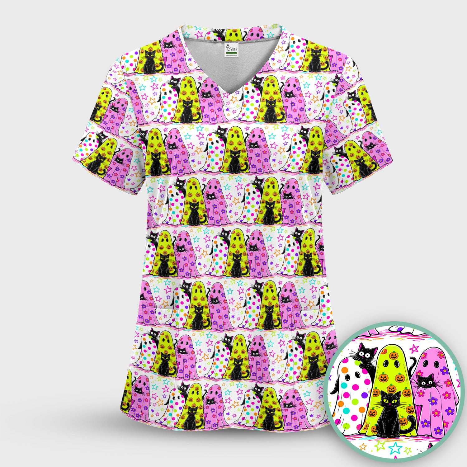 Spooky Halloween Ghost Cat Print Scrub Set, Scrub Pants and V Neck Top