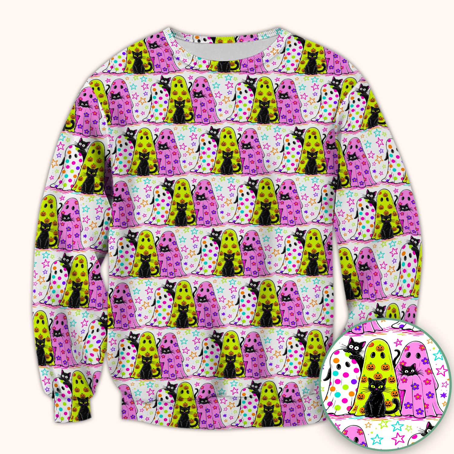 Spooky Halloween Ghost Cat Print Scrub Top, Comfortable Scrubs for Nurses