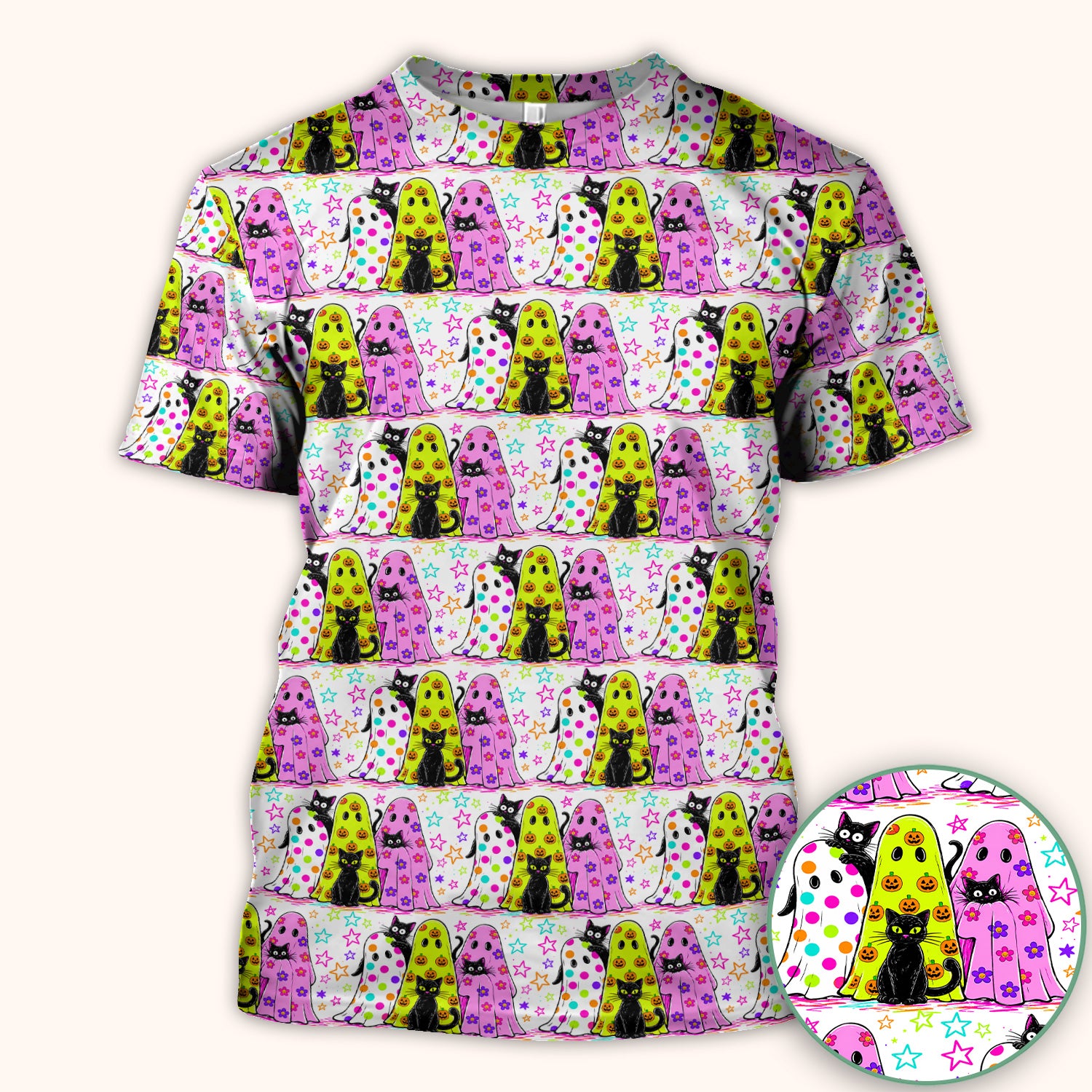 Spooky Halloween Ghost Cat Print Scrub Top, Comfortable Scrubs for Nurses