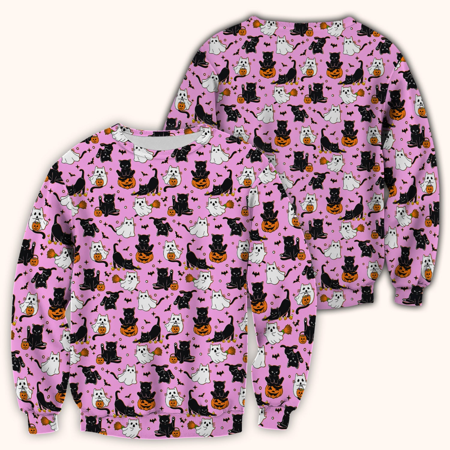 Halloween Cat Ghost Pumpkin Pattern Scrub Top, Comfortable Scrubs for Nurses