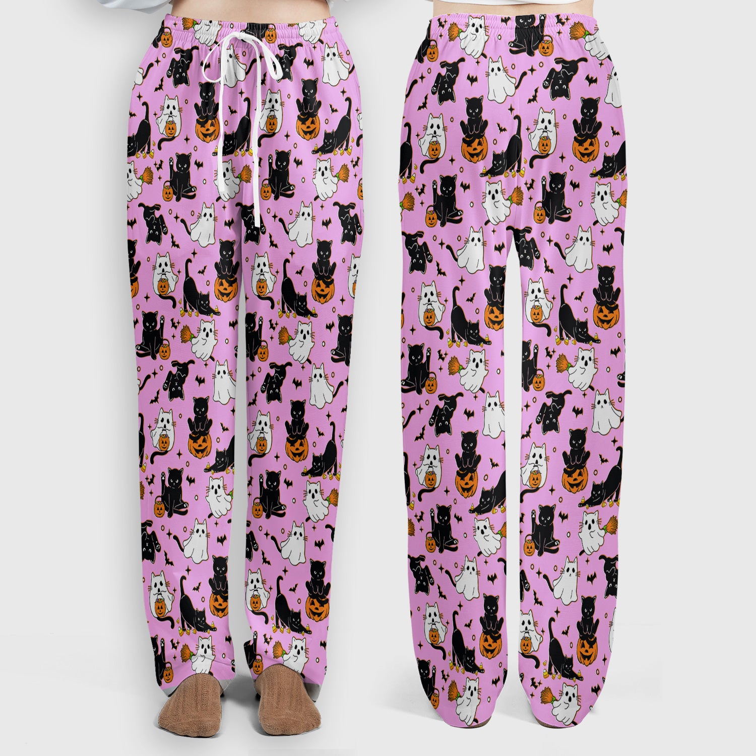 Halloween Cat Ghost Pumpkin Pattern Scrub Set, Scrub Pants and V Neck Top