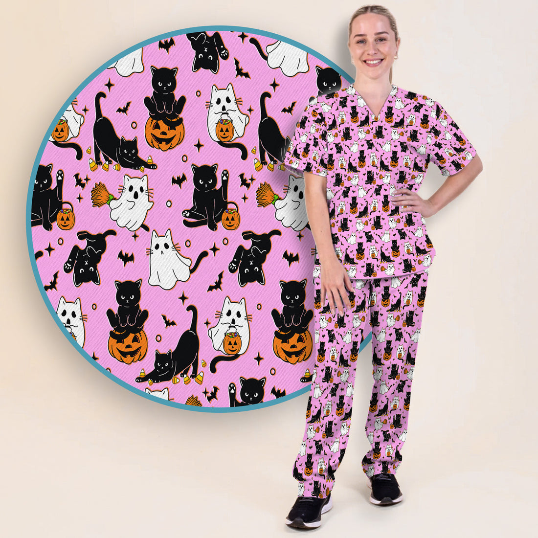 Halloween Cat Ghost Pumpkin Pattern Scrub Set, Scrub Pants and V Neck Top