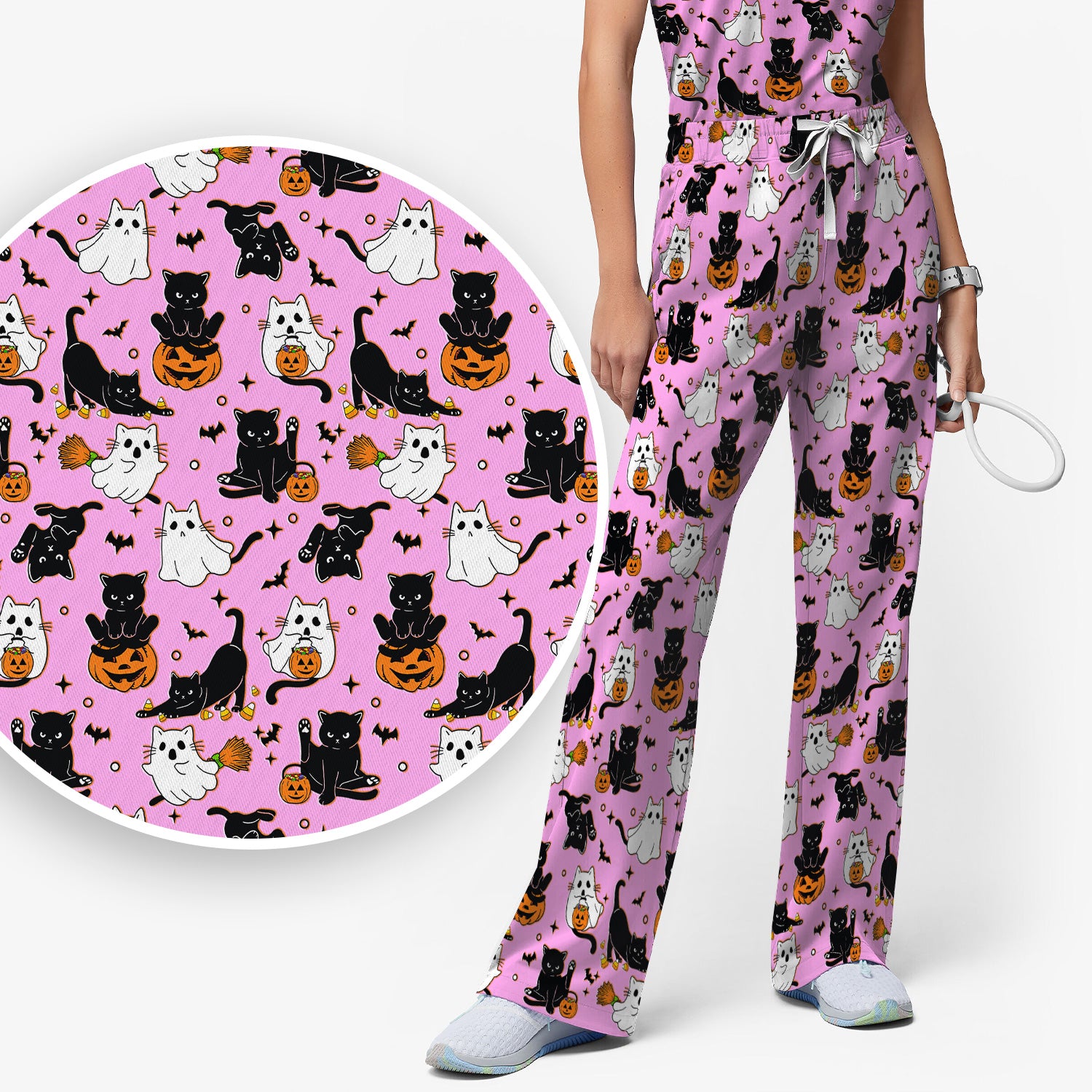 Halloween Cat Ghost Pumpkin Pattern Scrub Set, Scrub Pants and V Neck Top