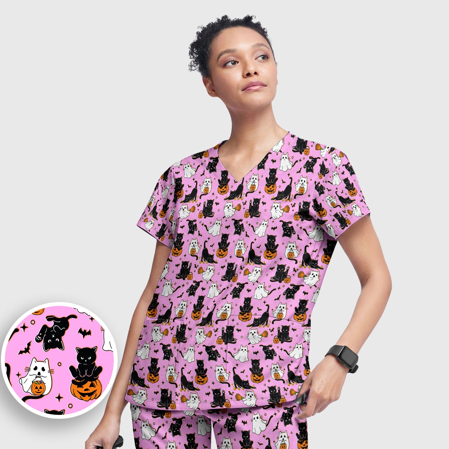 Halloween Cat Ghost Pumpkin Pattern Scrub Set, Scrub Pants and V Neck Top