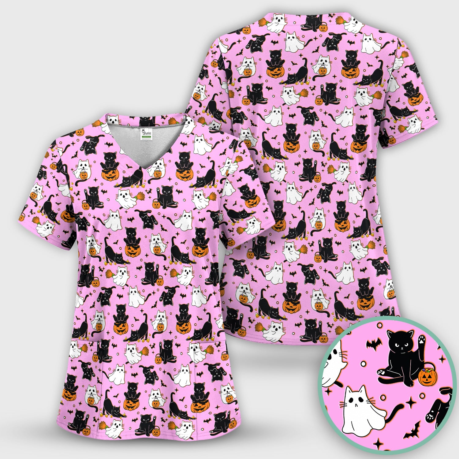 Halloween Cat Ghost Pumpkin Pattern Scrub Set, Scrub Pants and V Neck Top