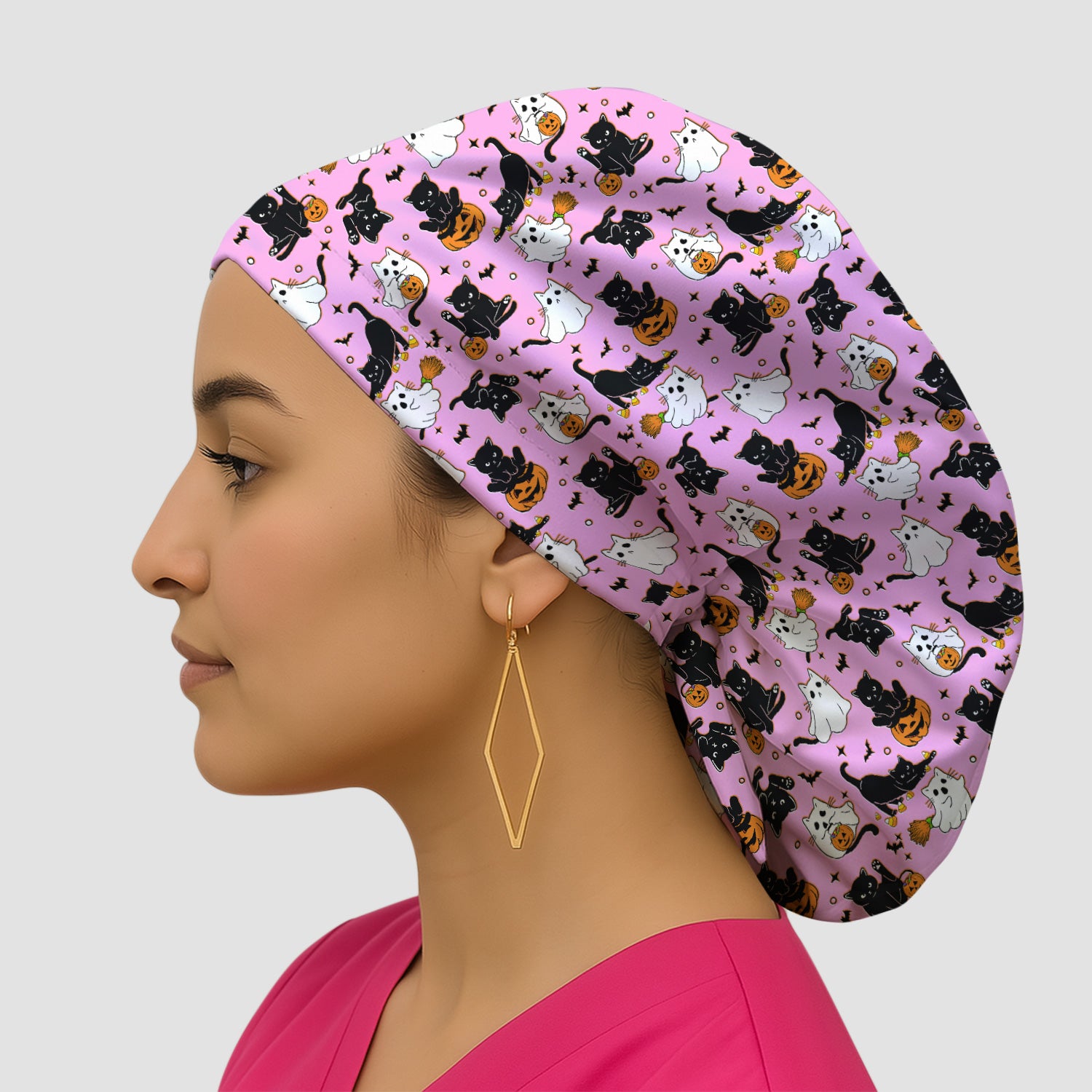 Halloween Cat Ghost Pumpkin Pattern Scrub Cap, Surgical Caps for Doctors