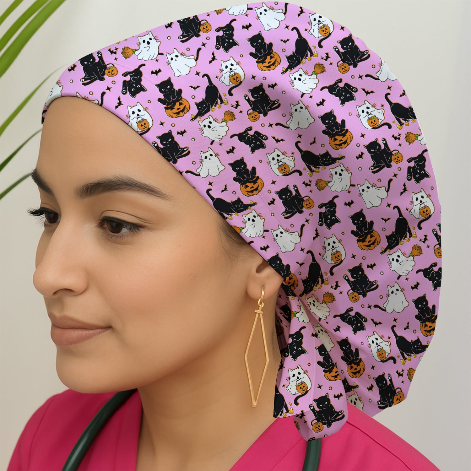 Halloween Cat Ghost Pumpkin Pattern Scrub Cap, Surgical Caps for Doctors