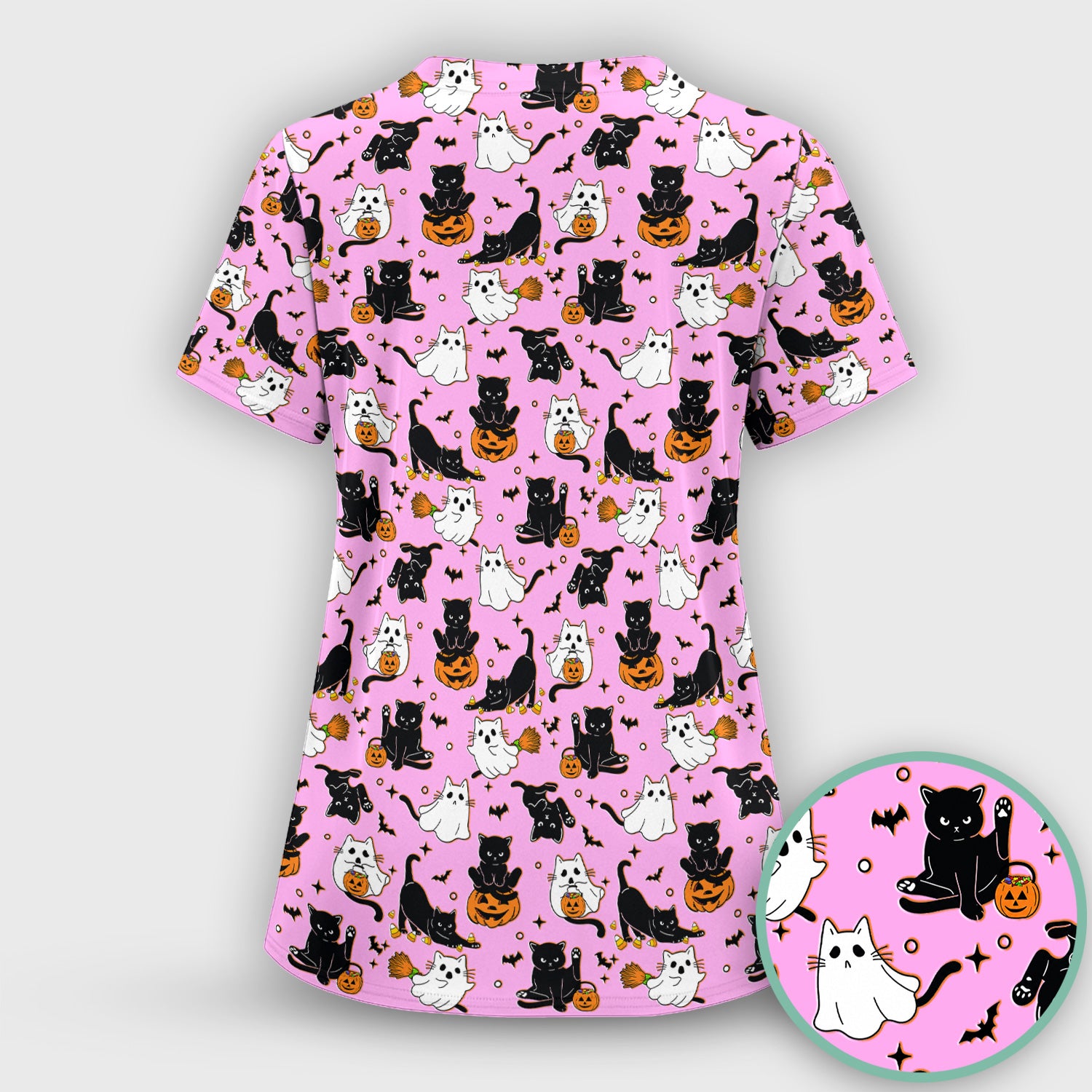 Halloween Cat Ghost Pumpkin Pattern Scrub Set, Scrub Pants and V Neck Top