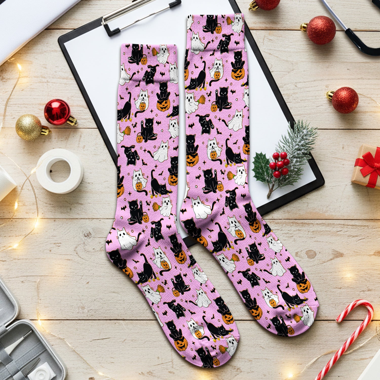 Halloween Cat Ghost Pumpkin Pattern Socks, Adult Socks for Men and Women
