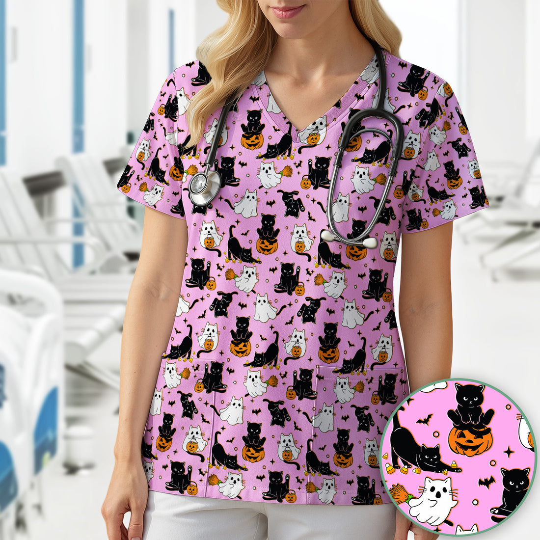 Halloween Cat Ghost Pumpkin Pattern Scrub Top, Comfortable Scrubs for Nurses