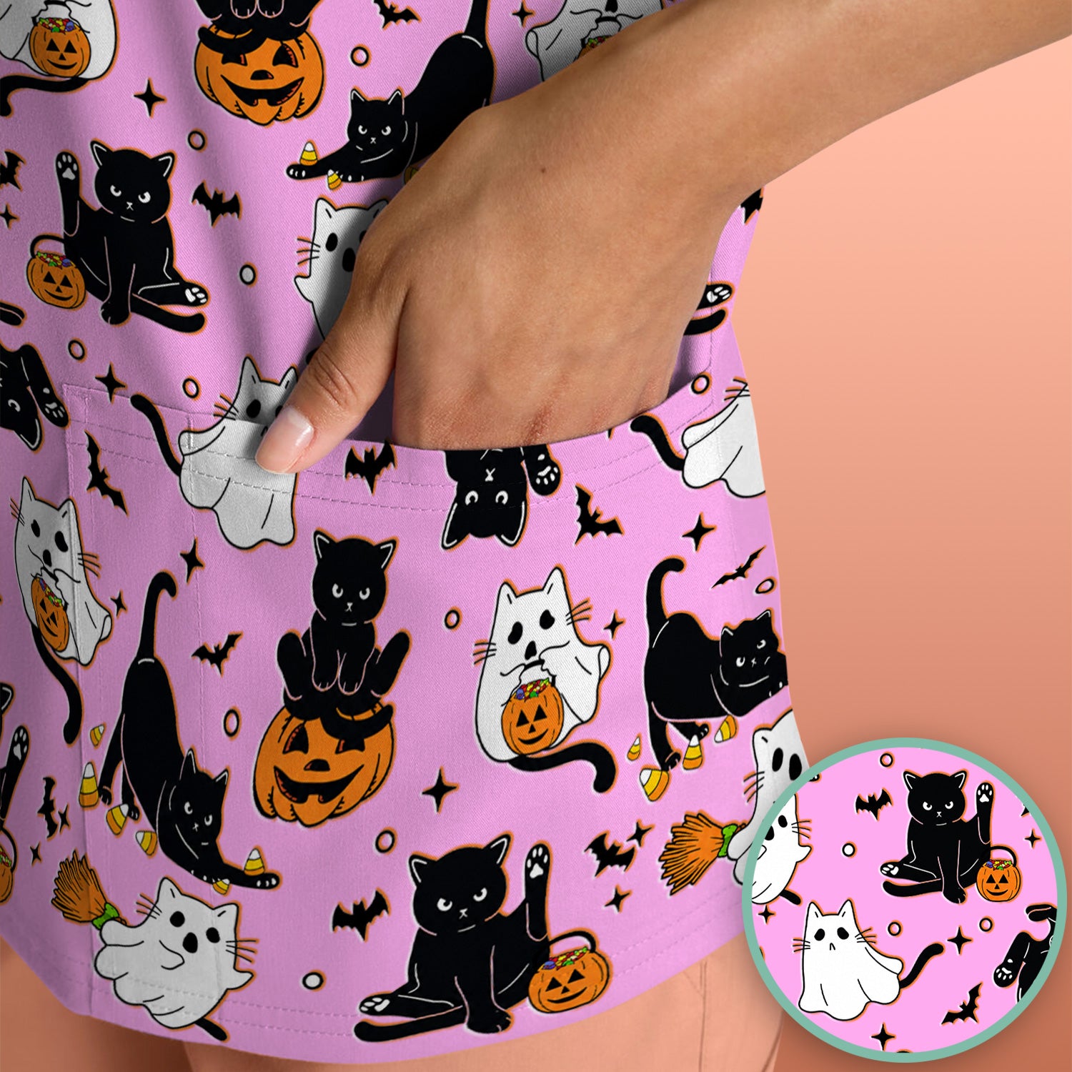 Halloween Cat Ghost Pumpkin Pattern Scrub Top, Comfortable Scrubs for Nurses