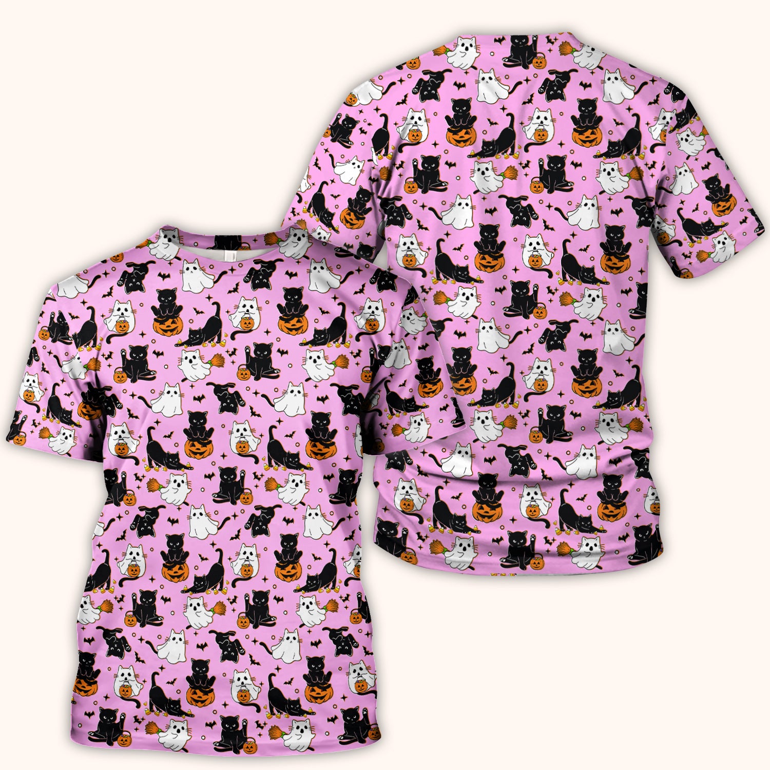Halloween Cat Ghost Pumpkin Pattern Scrub Top, Comfortable Scrubs for Nurses
