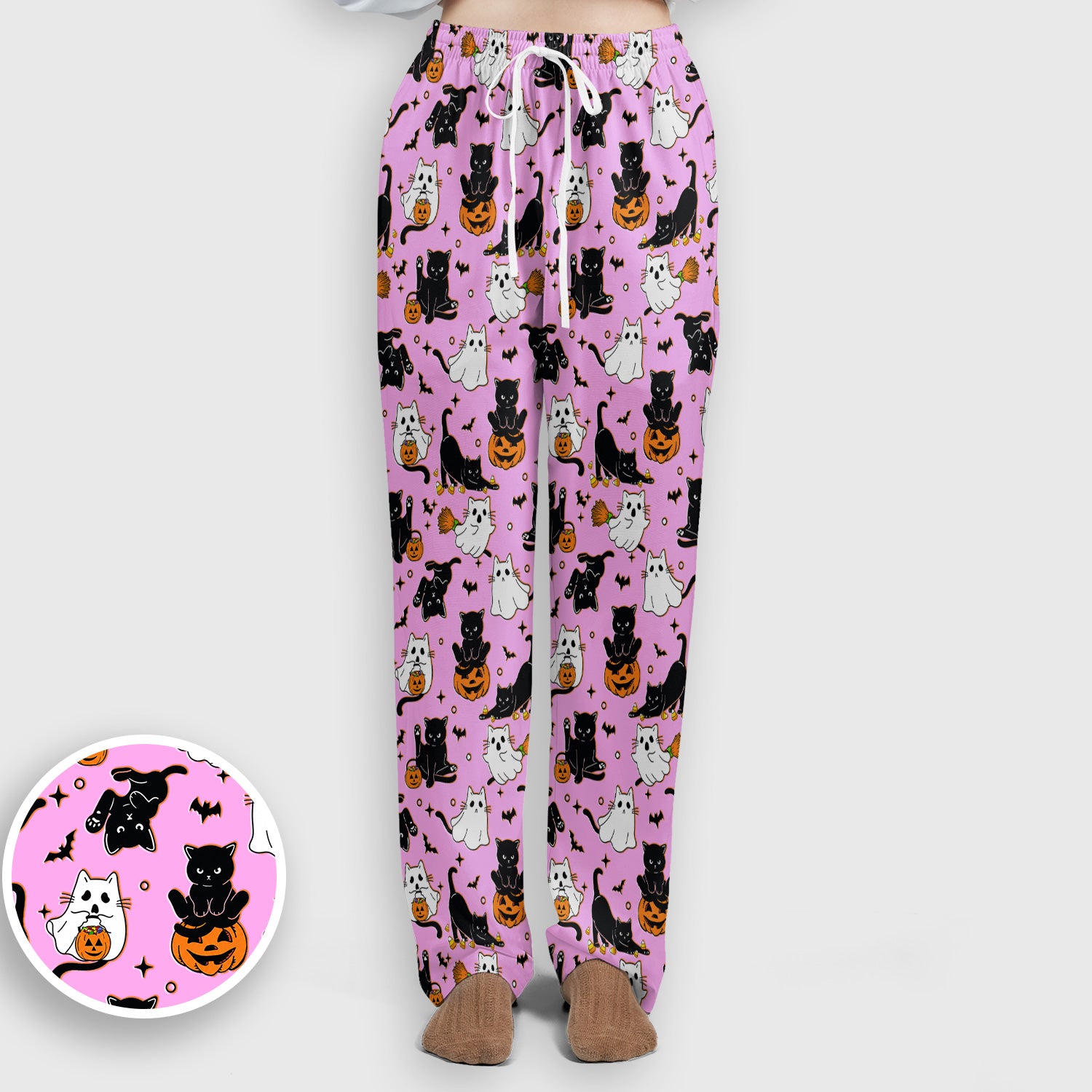 Halloween Cat Ghost Pumpkin Pattern Scrub Set, Scrub Pants and V Neck Top