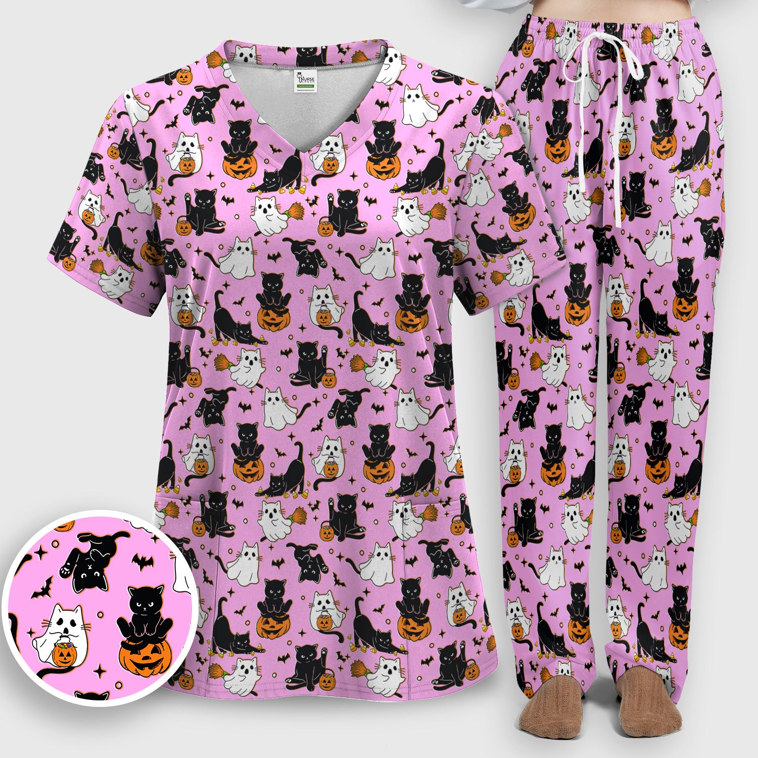Halloween Cat Ghost Pumpkin Pattern Scrub Set, Scrub Pants and V Neck Top