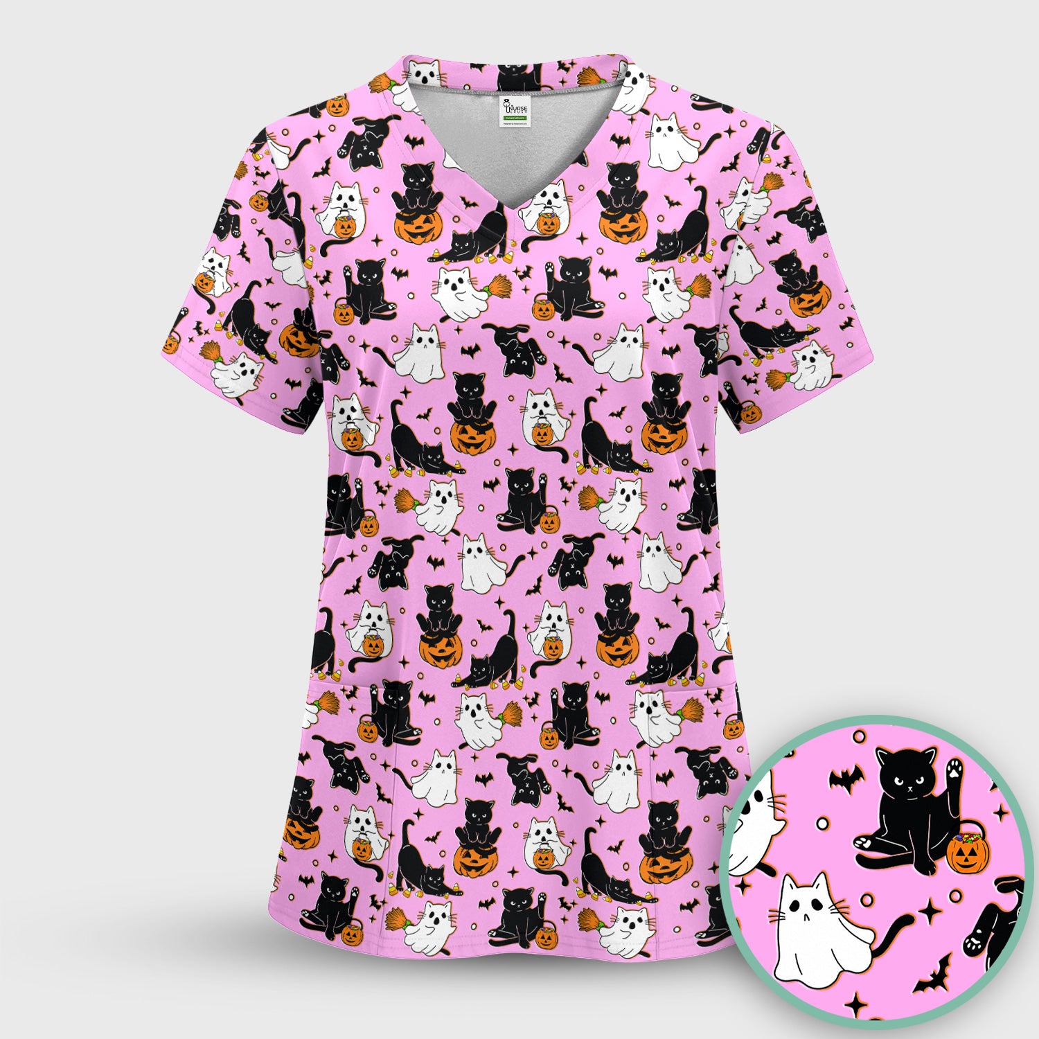 Halloween Cat Ghost Pumpkin Pattern Scrub Set, Scrub Pants and V Neck Top