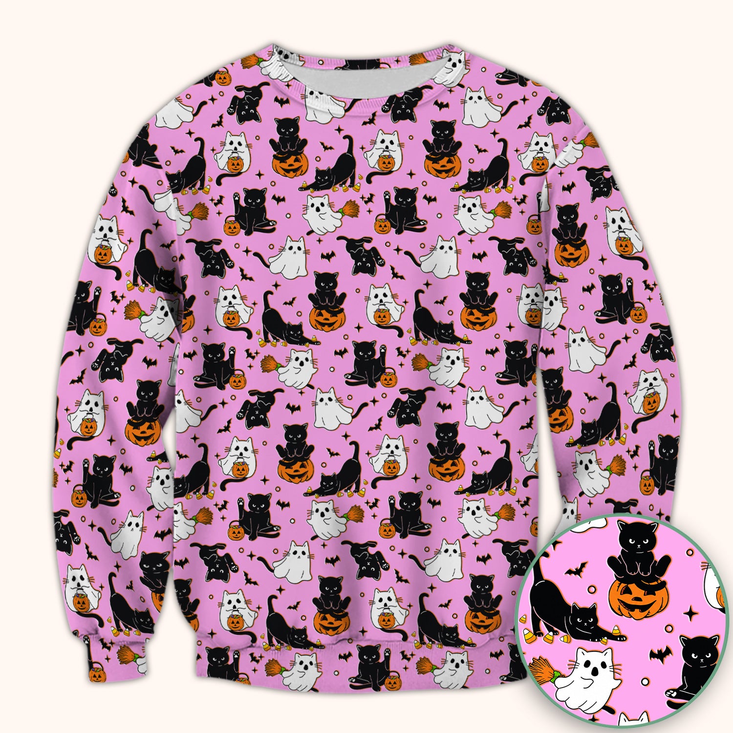 Halloween Cat Ghost Pumpkin Pattern Scrub Top, Comfortable Scrubs for Nurses
