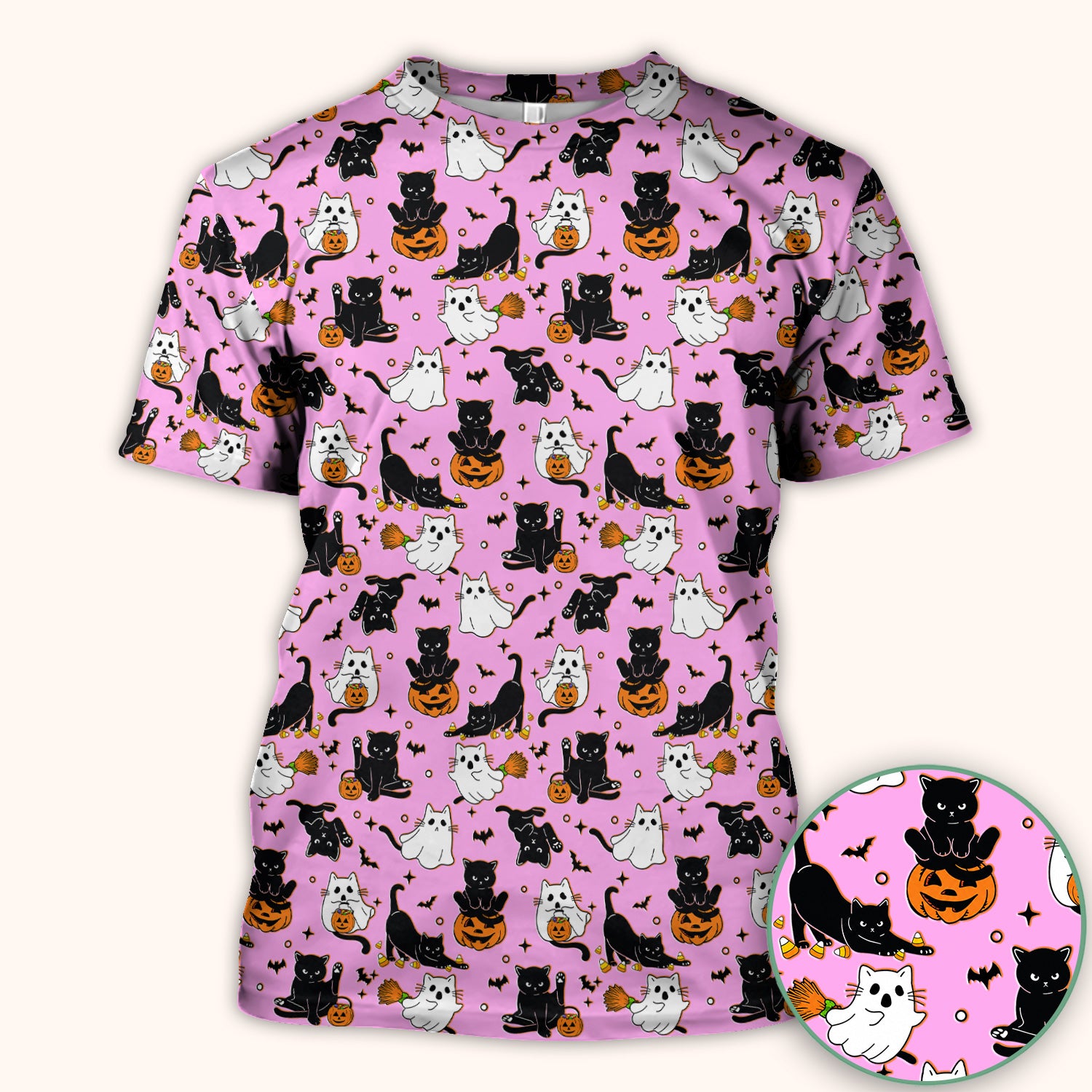 Halloween Cat Ghost Pumpkin Pattern Scrub Top, Comfortable Scrubs for Nurses