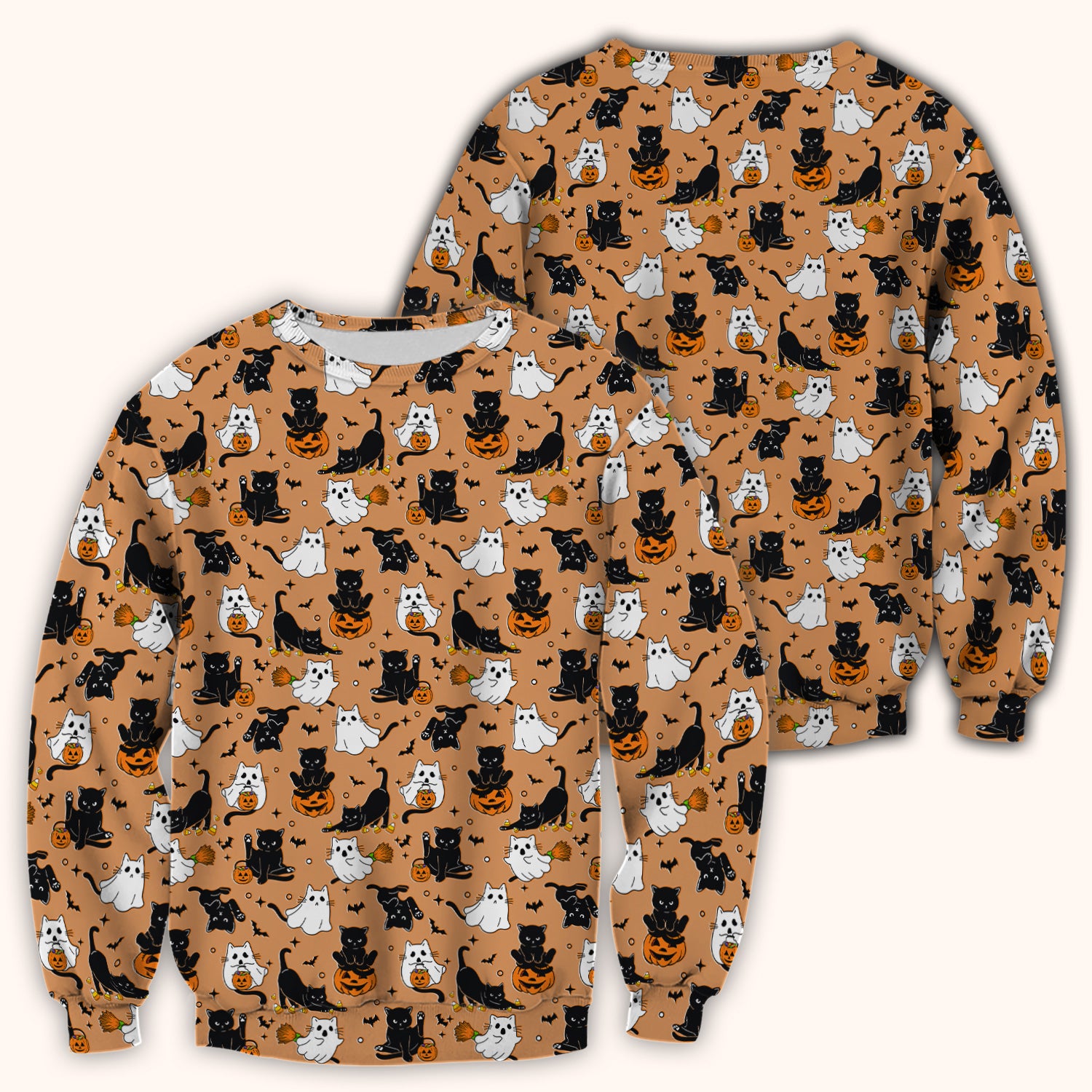 Halloween Cat Ghost Pumpkin Pattern Scrub Top, Comfortable Scrubs for Nurses