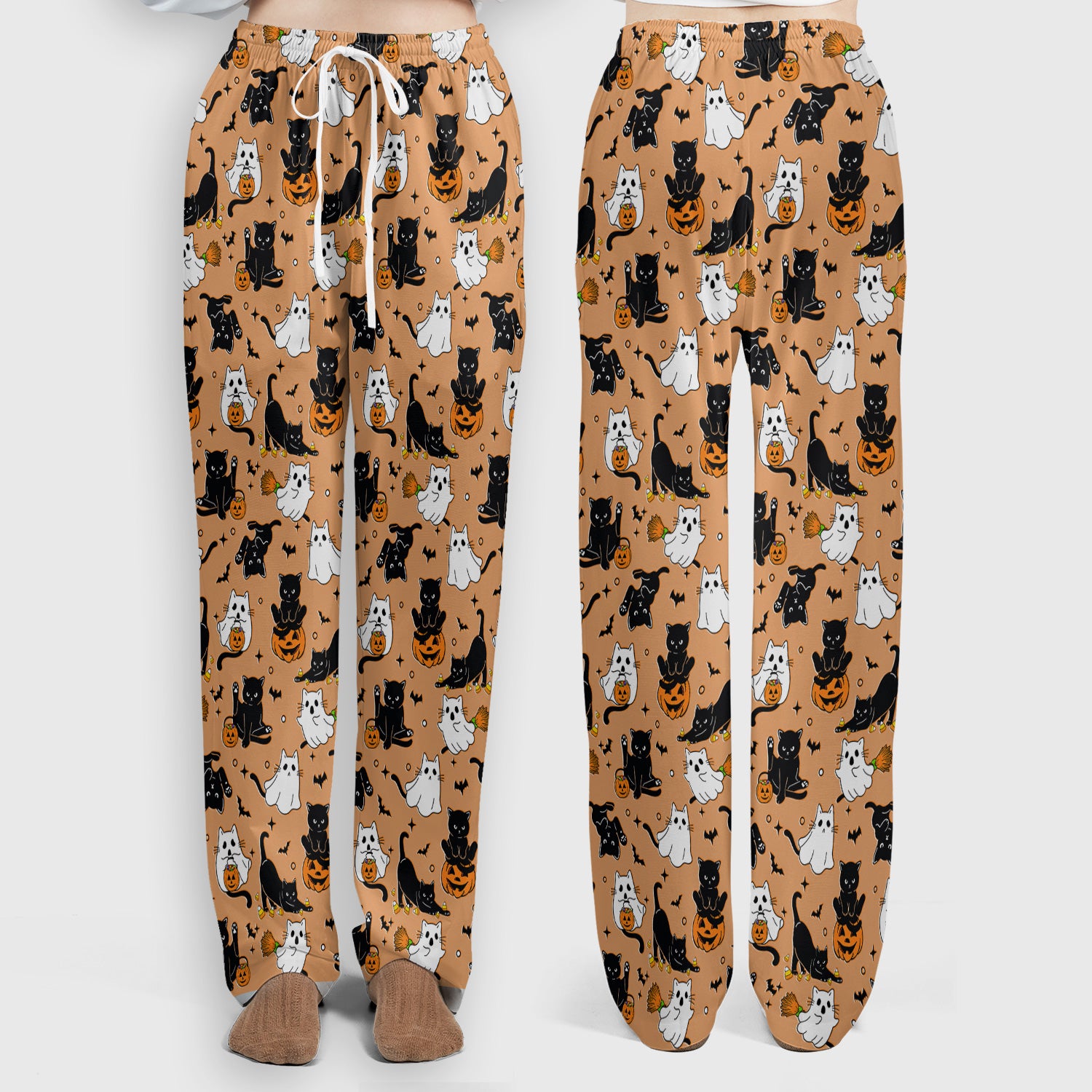 Halloween Cat Ghost Pumpkin Pattern Scrub Set, Scrub Pants and V Neck Top