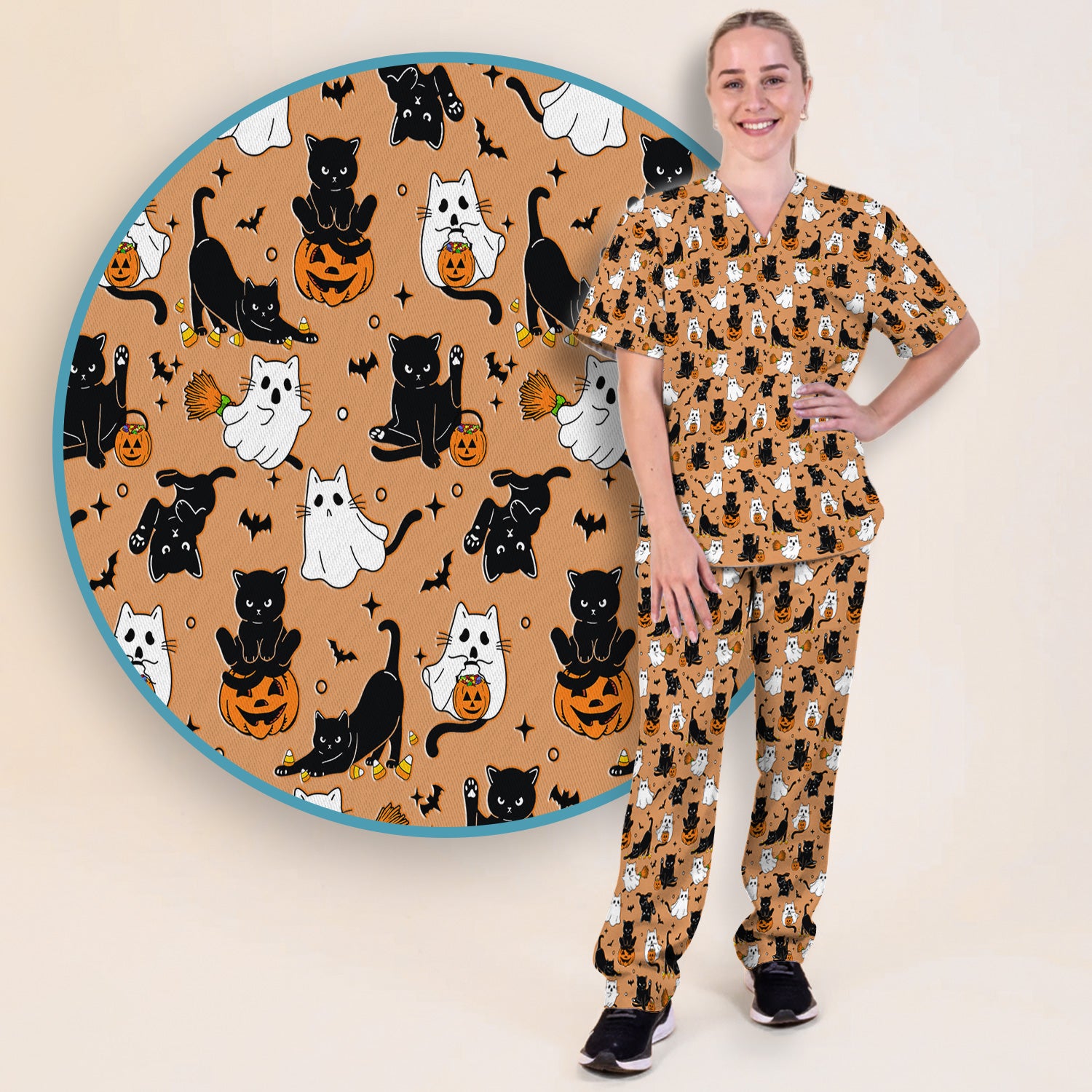 Halloween Cat Ghost Pumpkin Pattern Scrub Set, Scrub Pants and V Neck Top