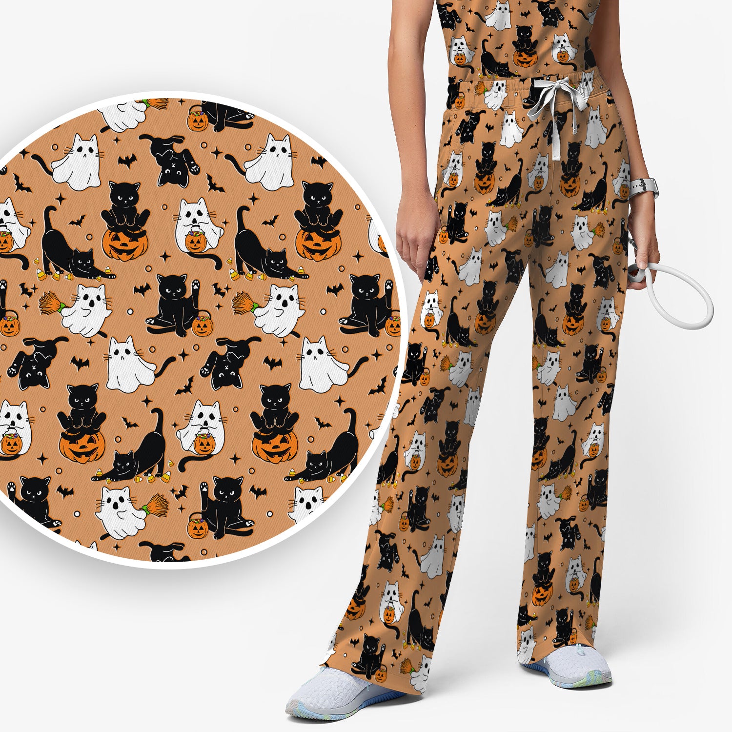 Halloween Cat Ghost Pumpkin Pattern Scrub Set, Scrub Pants and V Neck Top
