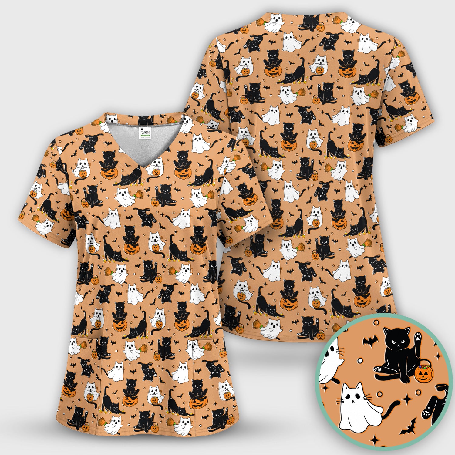 Halloween Cat Ghost Pumpkin Pattern Scrub Set, Scrub Pants and V Neck Top