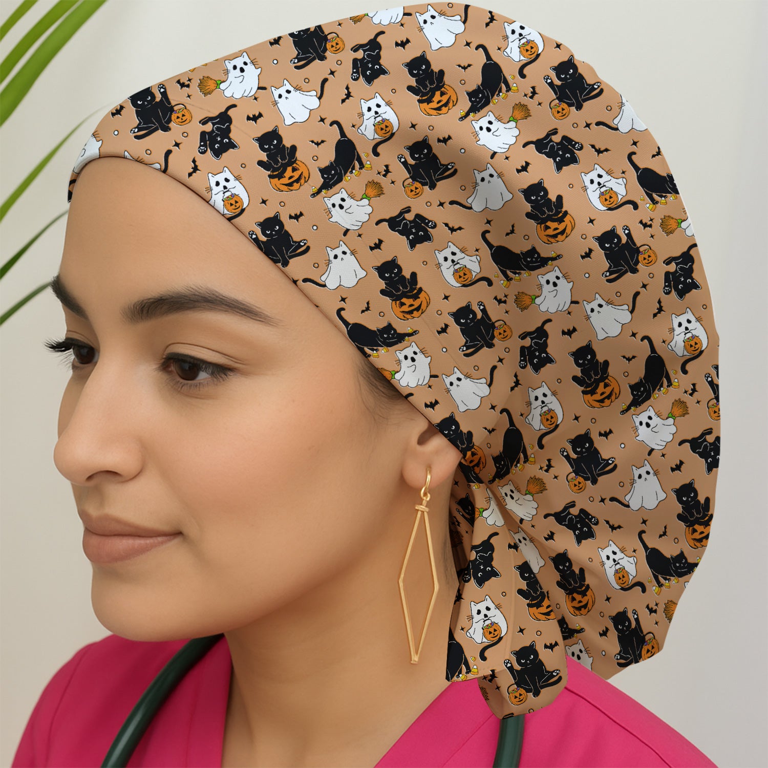 Halloween Cat Ghost Pumpkin Pattern Scrub Cap, Surgical Caps for Doctors
